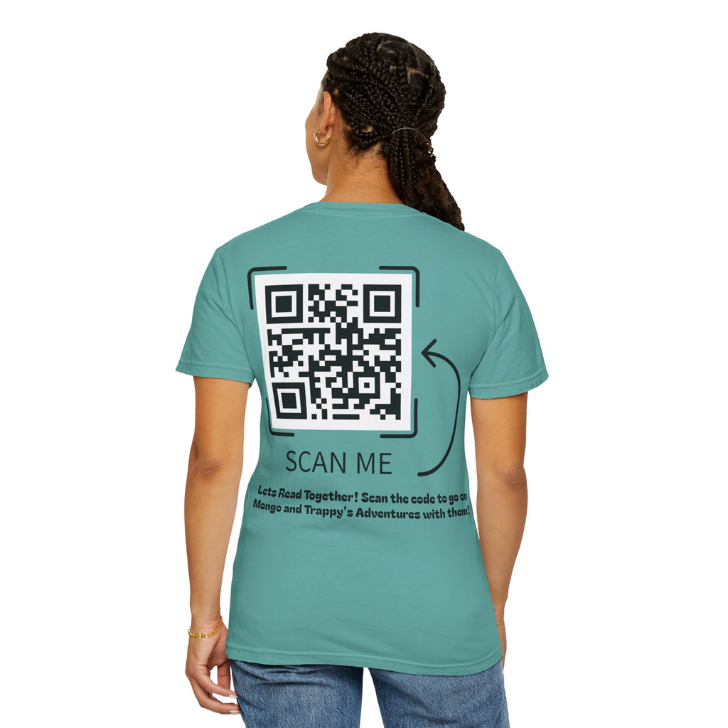 Adventures of Mongo & Trappy T-Shirt — Illustrated Dog Book Cover Tee with QR Code