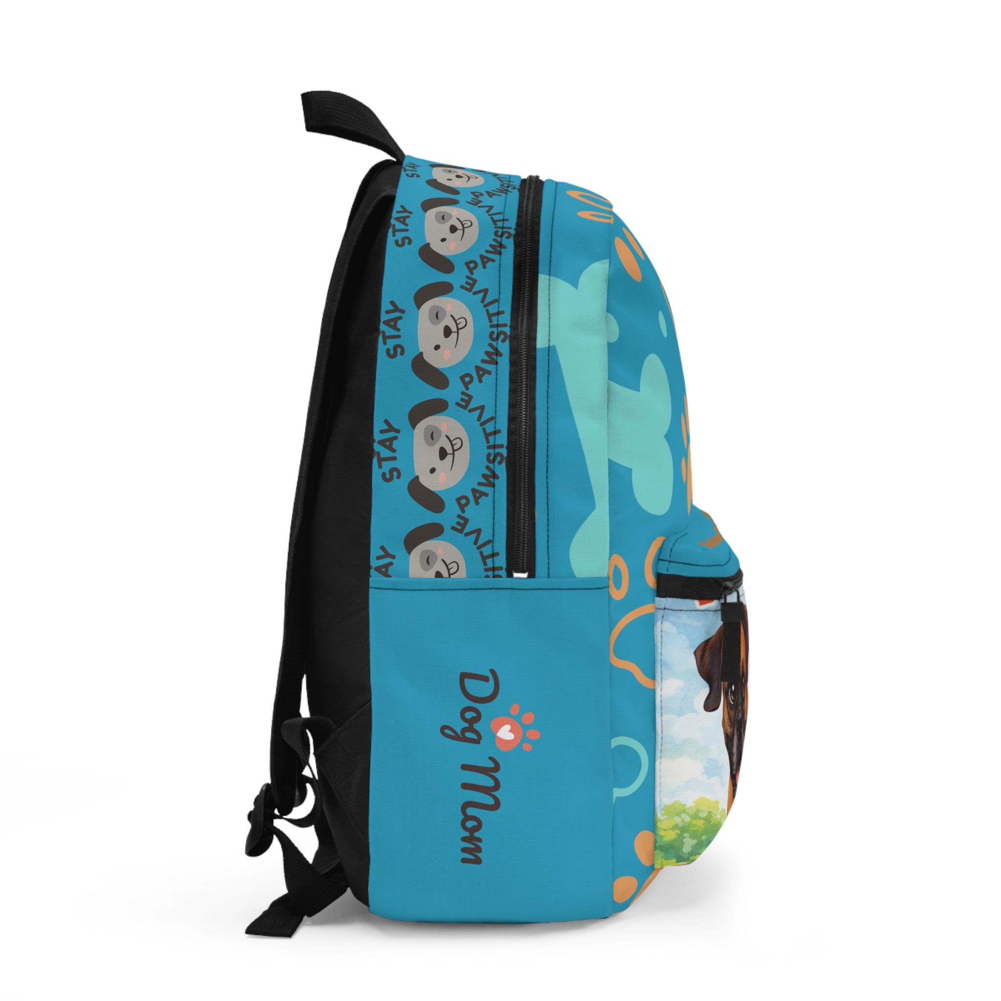 Blue Paw Print Dog Mom Backpack — Cute Pug & Boxer Pet Portrait School Bag