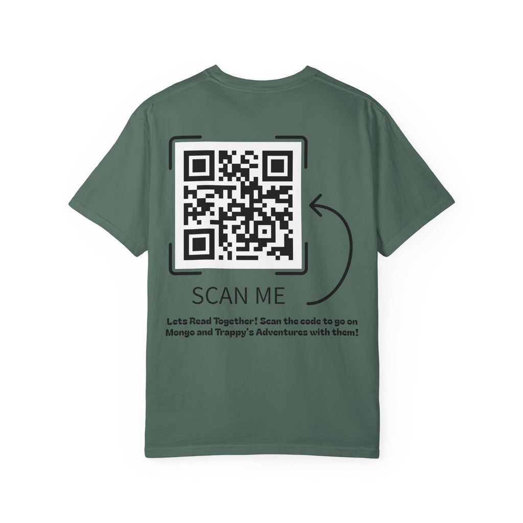Adventures of Mongo & Trappy T-Shirt — Illustrated Dog Book Cover Tee with QR Code