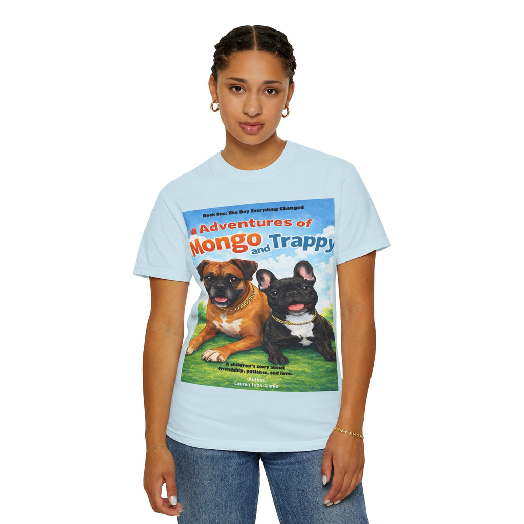 Adventures of Mongo & Trappy T-Shirt — Illustrated Dog Book Cover Tee with QR Code