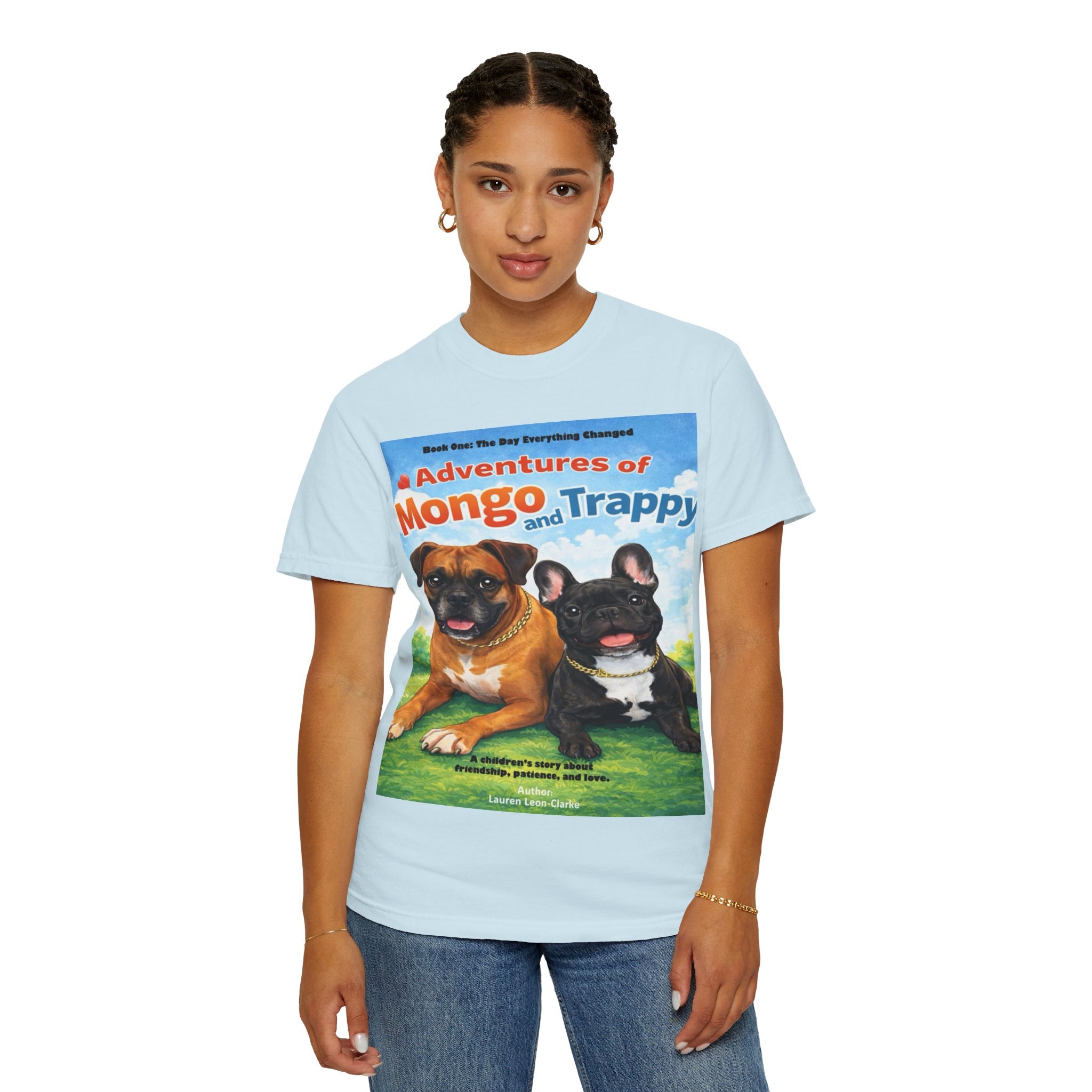 Adventures of Mongo & Trappy T-Shirt — Illustrated Dog Book Cover Tee with QR Code