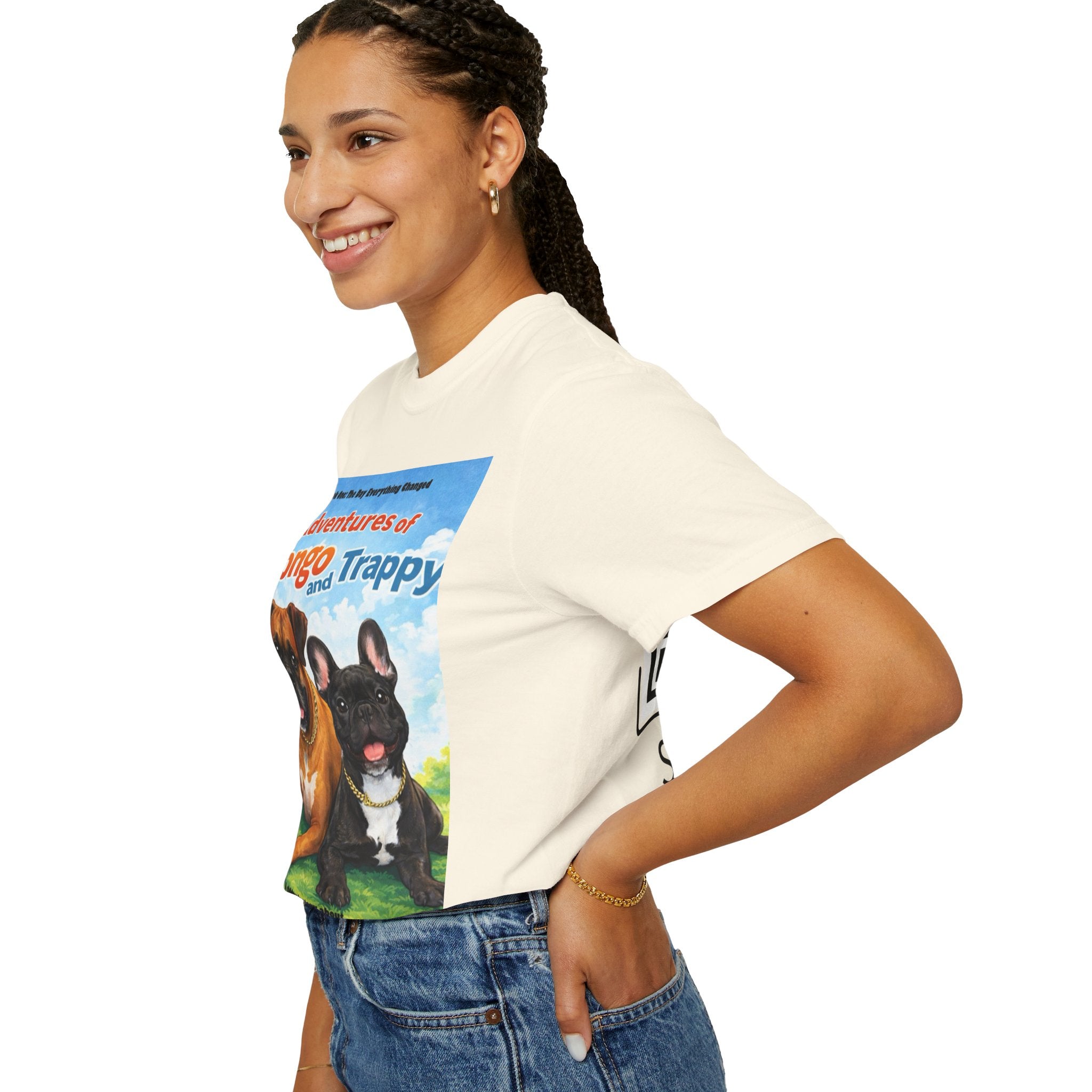 Adventures of Mongo & Trappy T-Shirt — Illustrated Dog Book Cover Tee with QR Code
