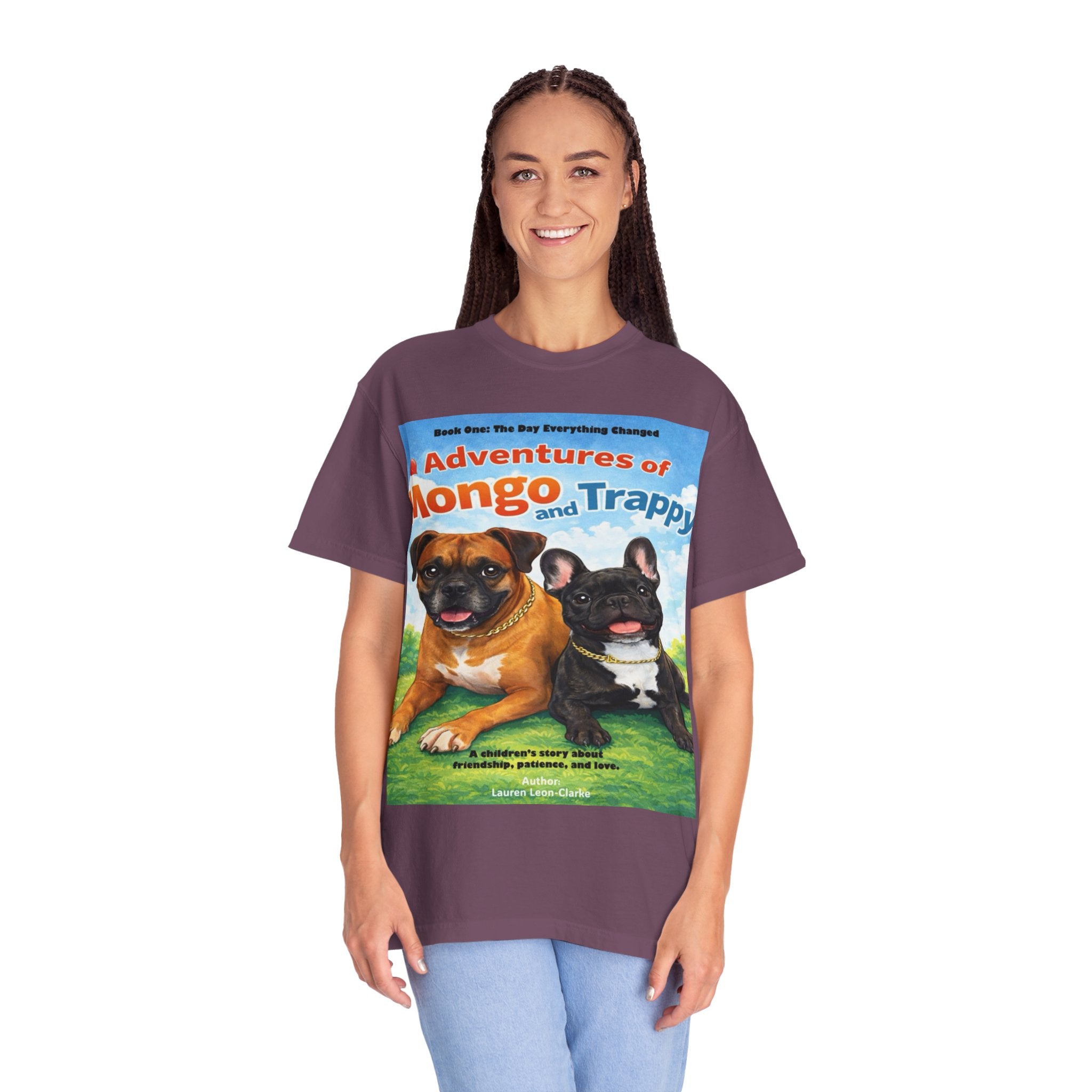 Adventures of Mongo & Trappy T-Shirt — Illustrated Dog Book Cover Tee with QR Code