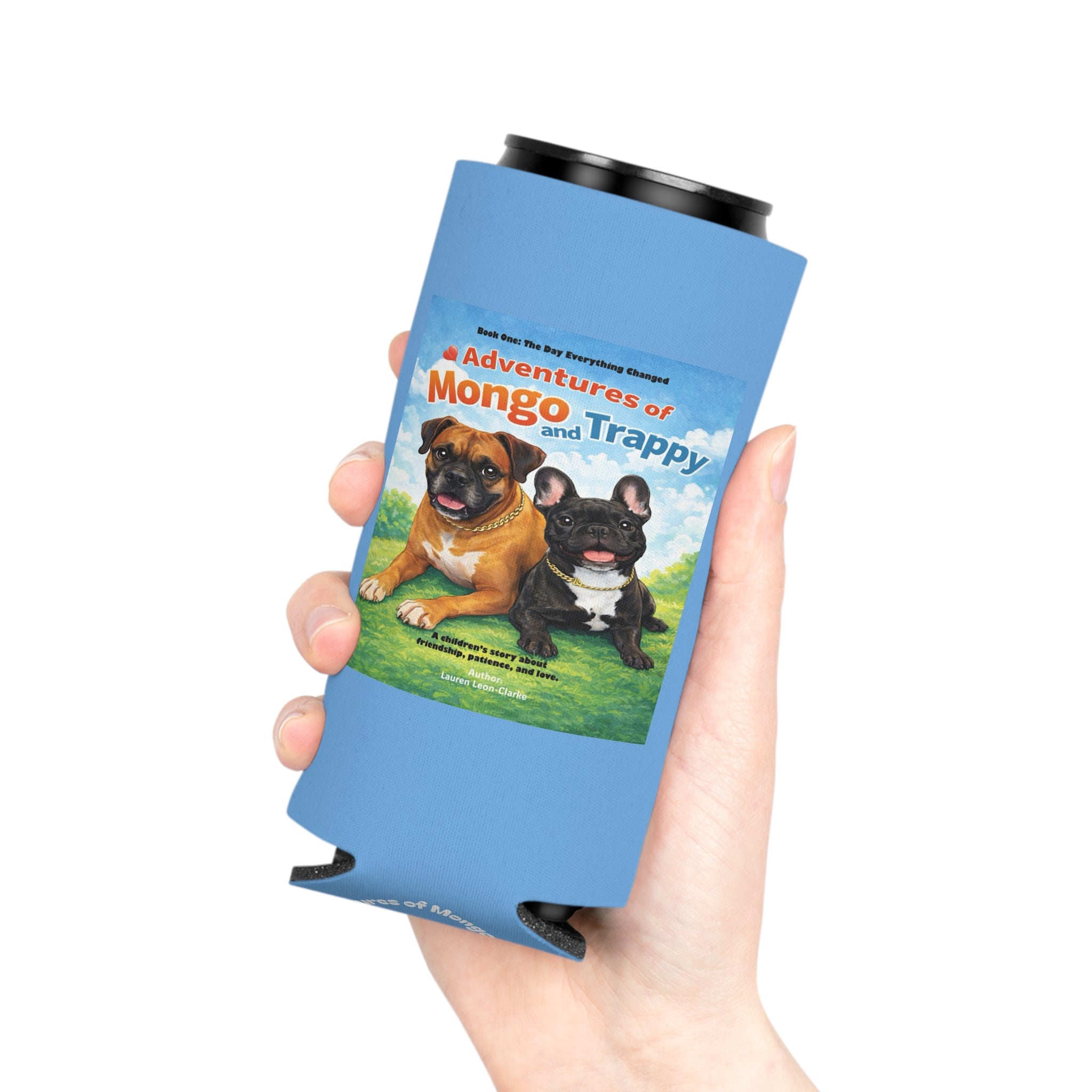 Can Cooler — 'Adventures of Mongo and Trappy' Book Cover Design with QR Code