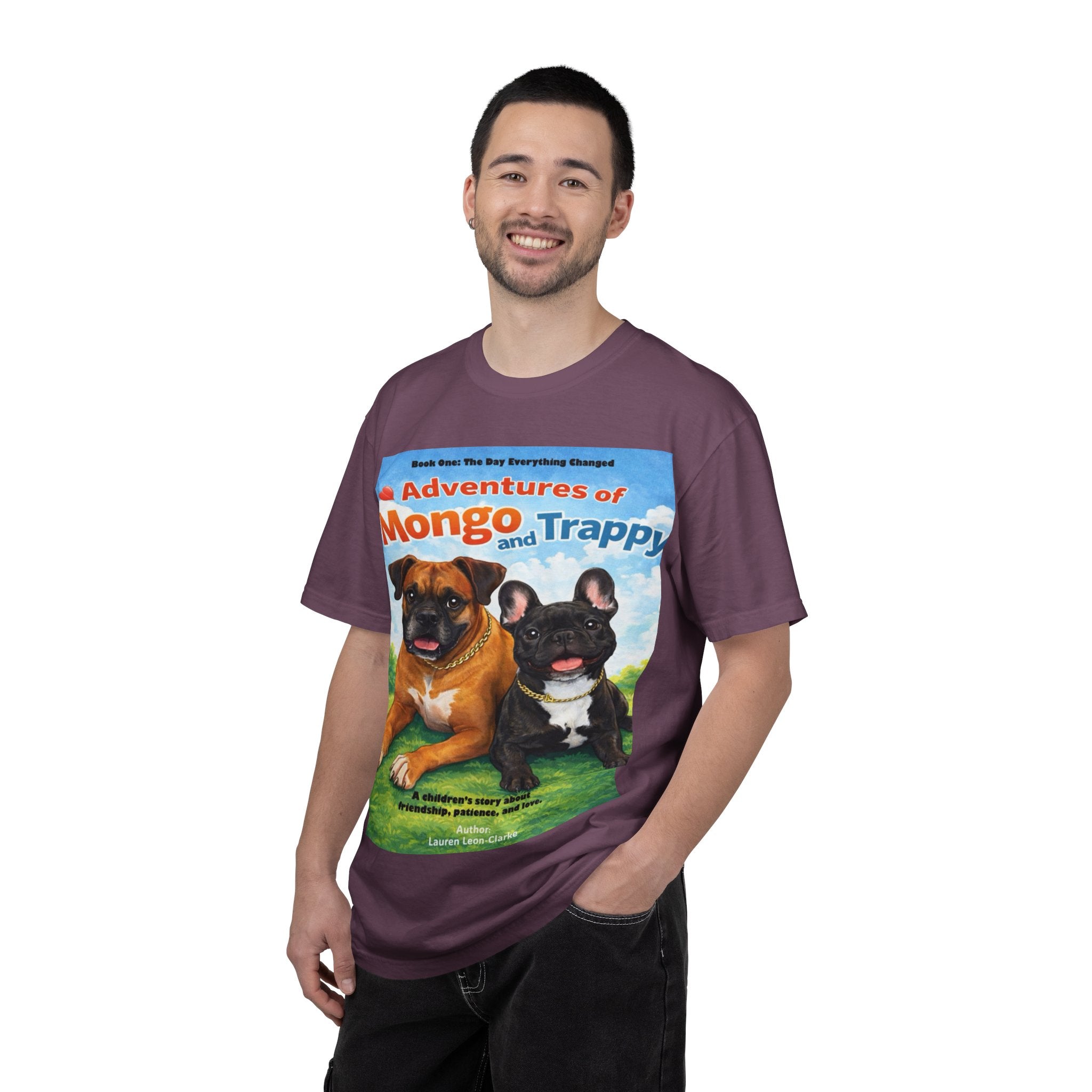Adventures of Mongo & Trappy T-Shirt — Illustrated Dog Book Cover Tee with QR Code
