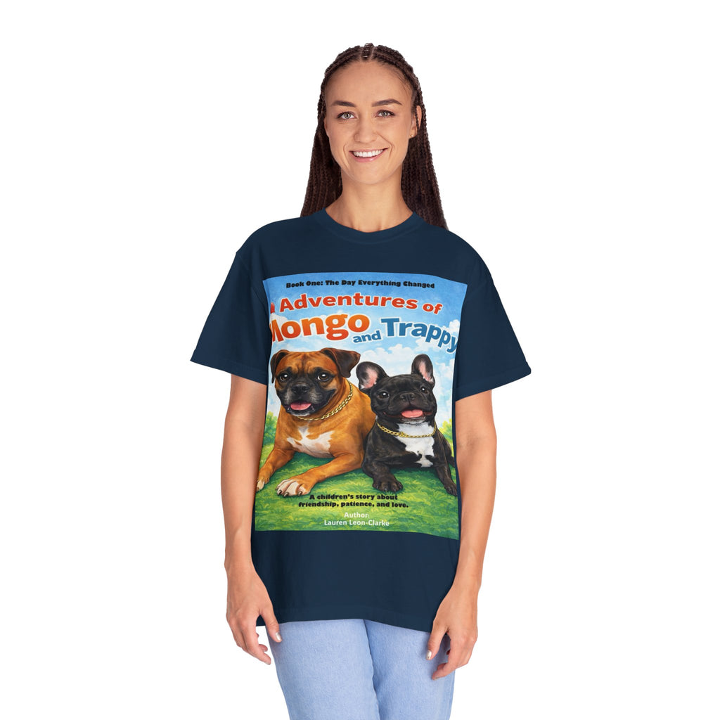 Adventures of Mongo & Trappy T-Shirt — Illustrated Dog Book Cover Tee with QR Code