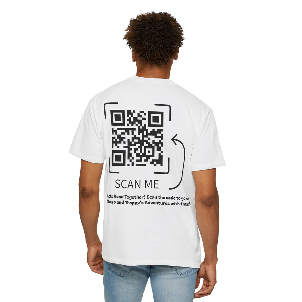 Adventures of Mongo & Trappy T-Shirt — Illustrated Dog Book Cover Tee with QR Code