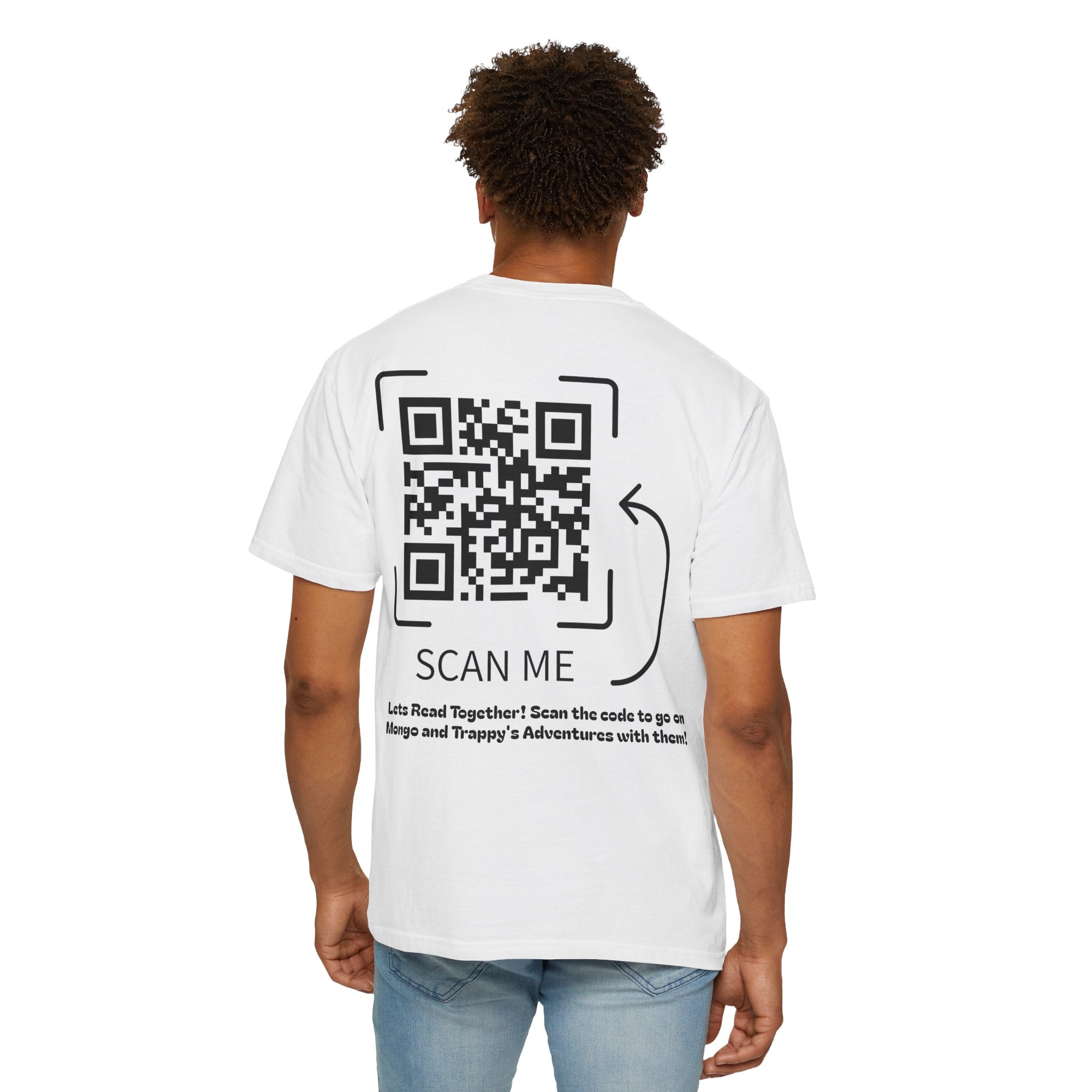 Adventures of Mongo & Trappy T-Shirt — Illustrated Dog Book Cover Tee with QR Code