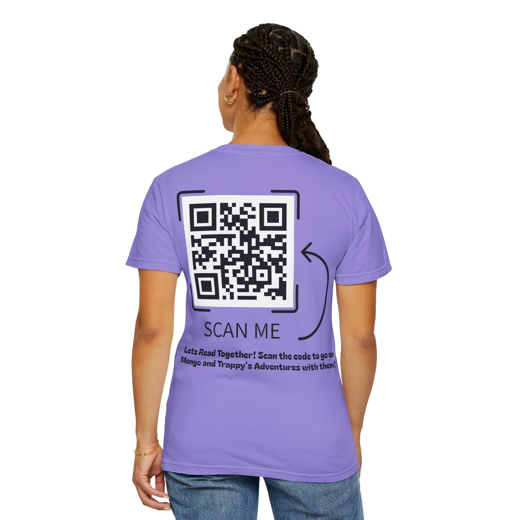 Adventures of Mongo & Trappy T-Shirt — Illustrated Dog Book Cover Tee with QR Code