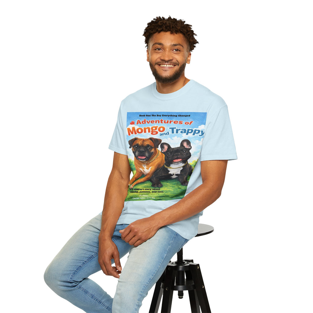 Adventures of Mongo & Trappy T-Shirt — Illustrated Dog Book Cover Tee with QR Code