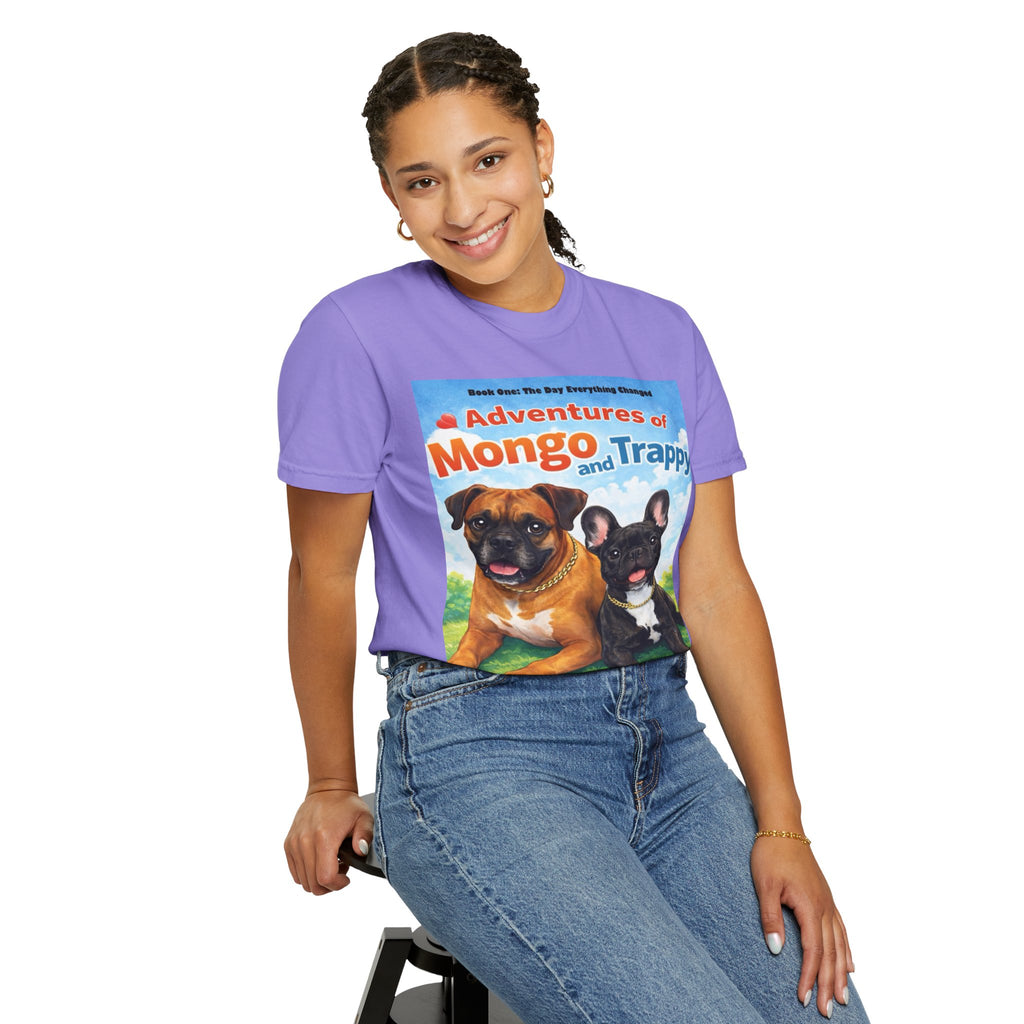 Adventures of Mongo & Trappy T-Shirt — Illustrated Dog Book Cover Tee with QR Code