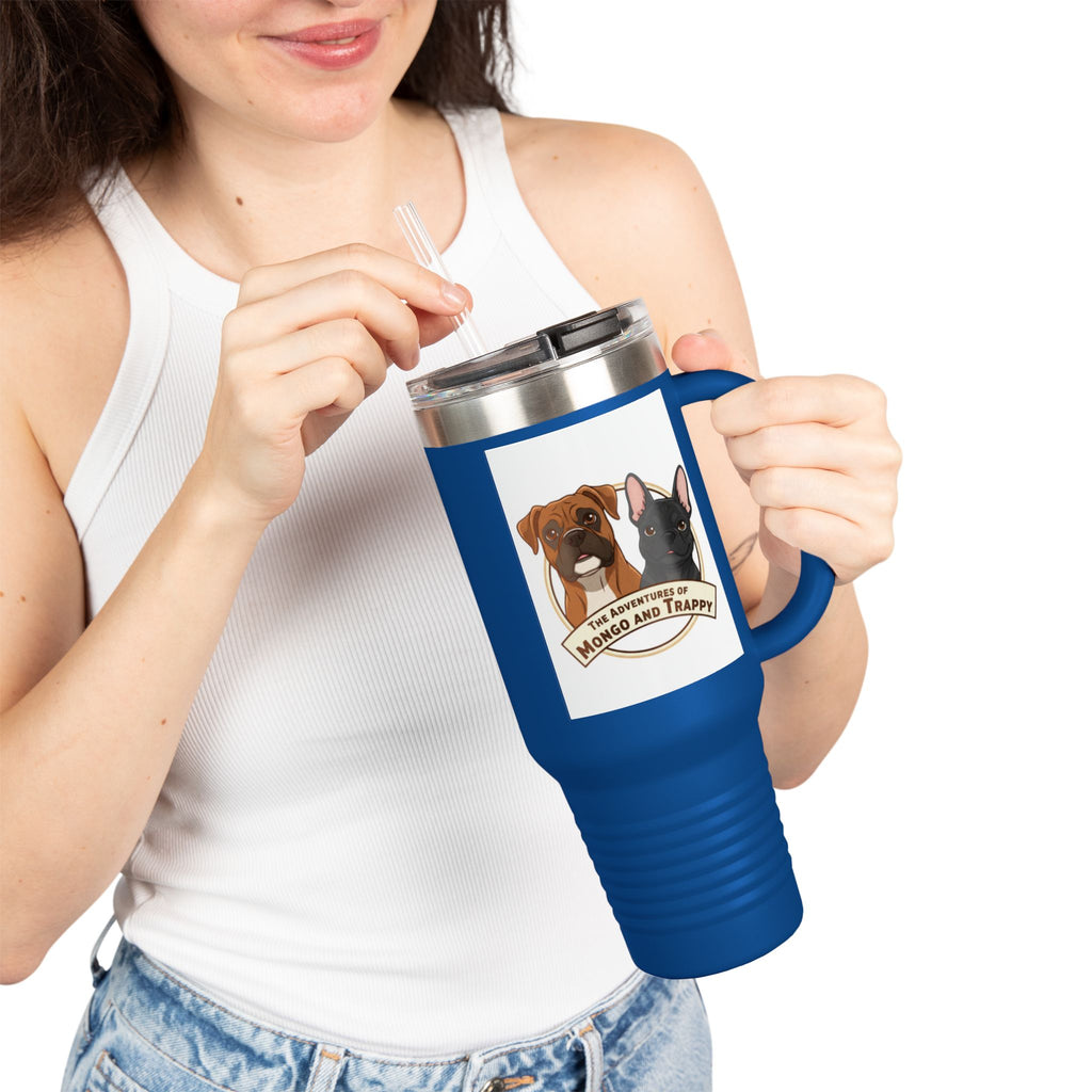 40oz Insulated Travel Mug — "My Adventures with Mongo and Trapper" Dog Portrait Tumbler