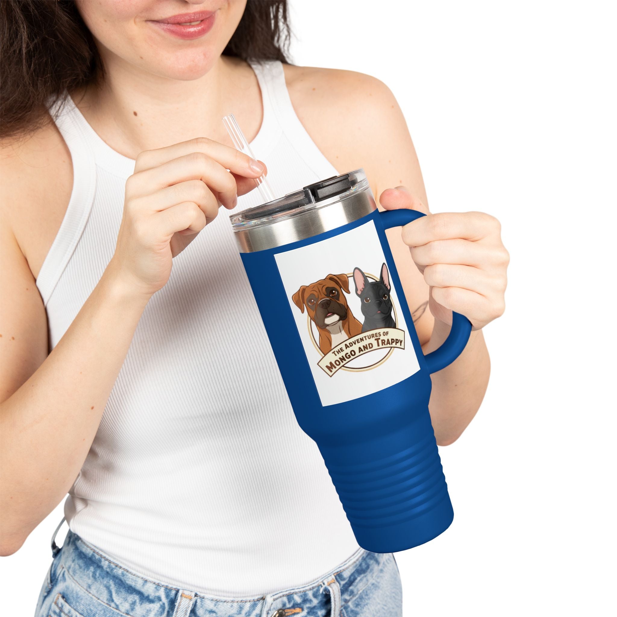 40oz Insulated Travel Mug — "My Adventures with Mongo and Trapper" Dog Portrait Tumbler
