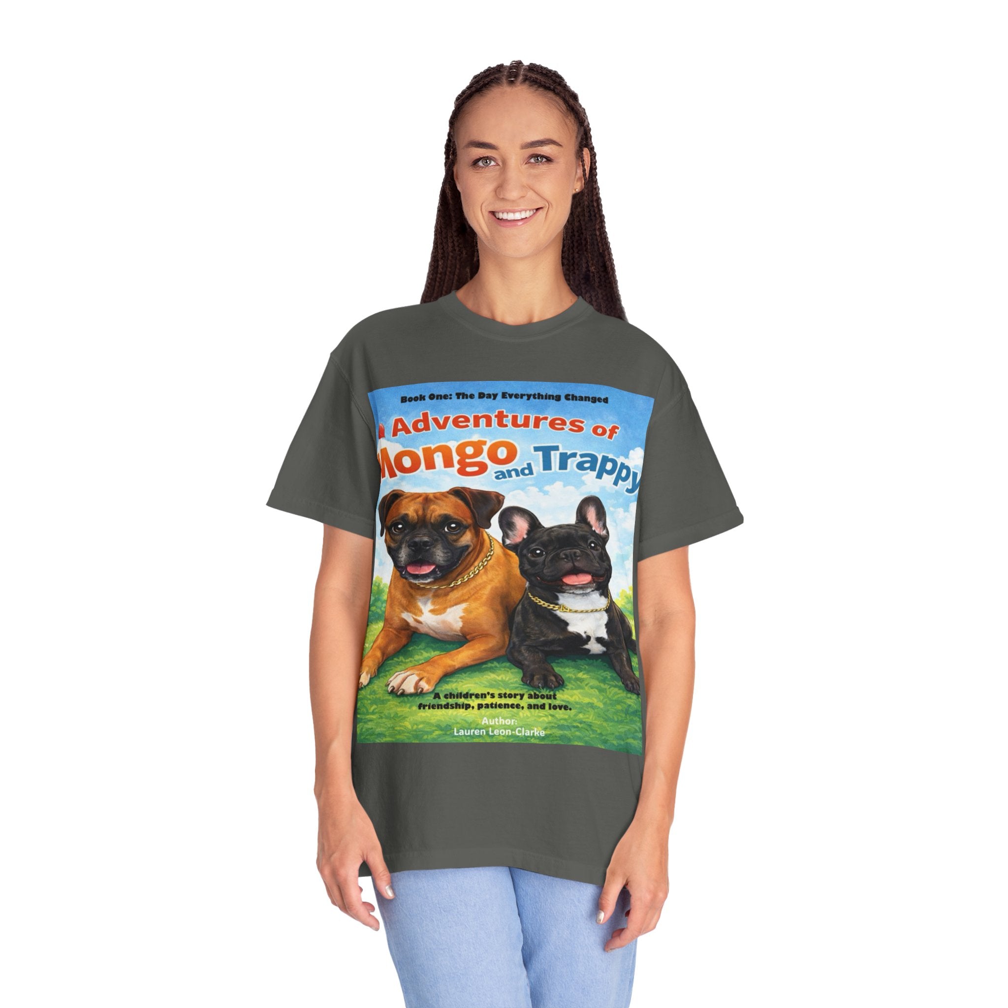 Adventures of Mongo & Trappy T-Shirt — Illustrated Dog Book Cover Tee with QR Code
