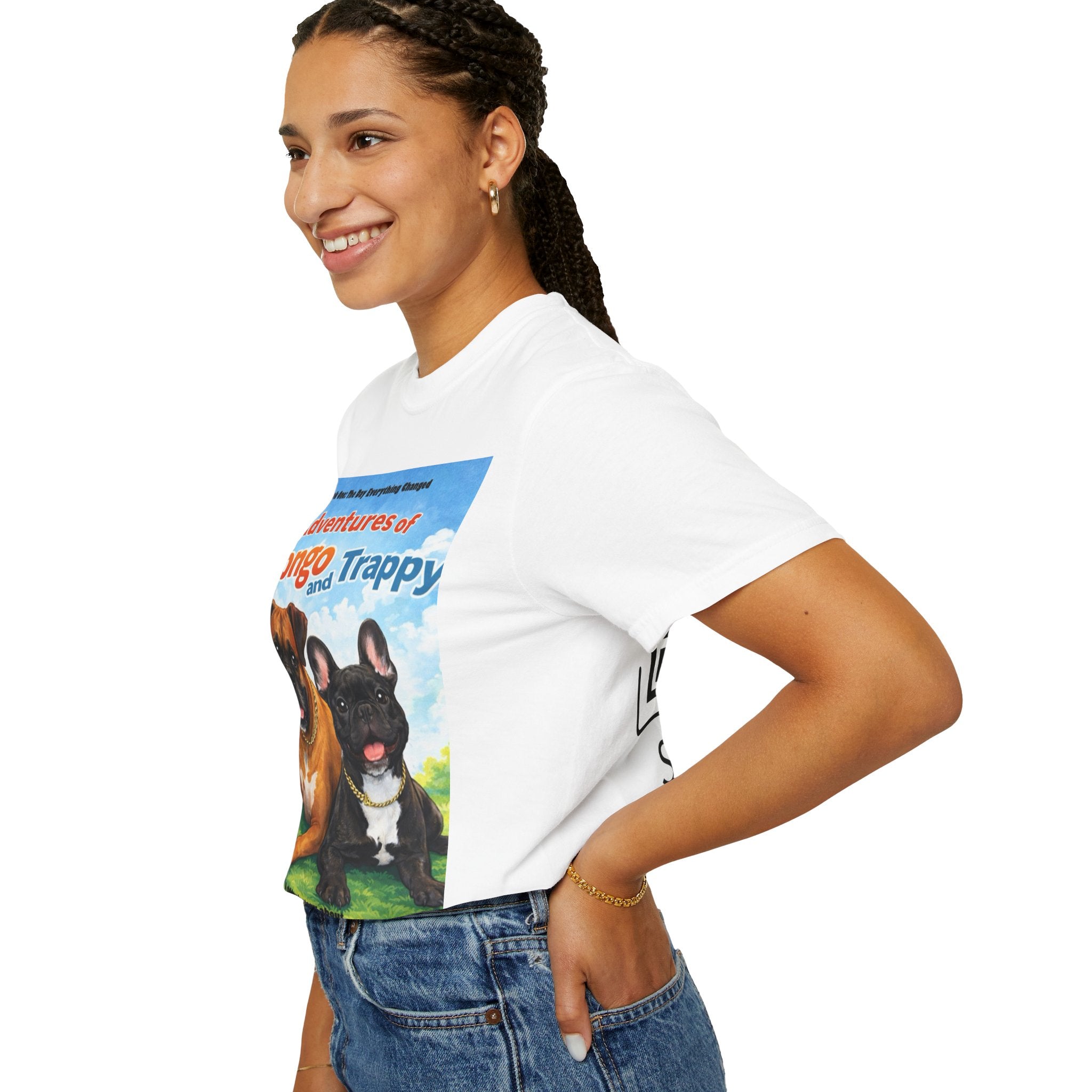 Adventures of Mongo & Trappy T-Shirt — Illustrated Dog Book Cover Tee with QR Code