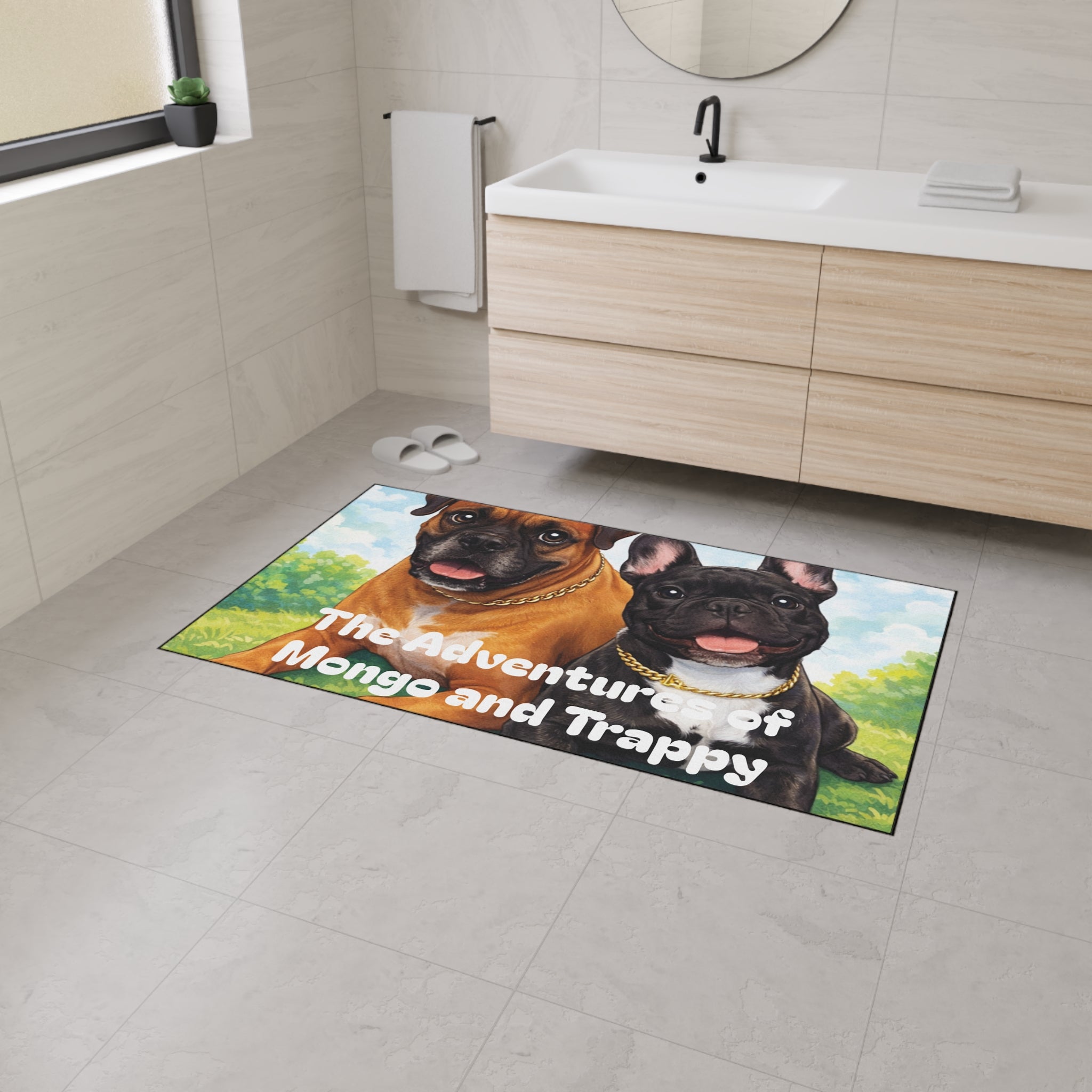 Personalized Dog Floor Mat — "The Adventures of Mongo and Trappy" Heavy-Duty Welcome Mat