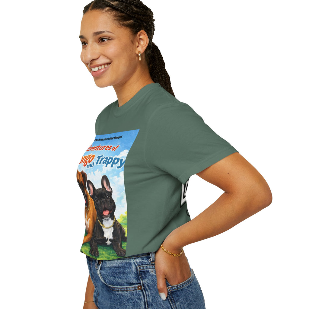 Adventures of Mongo & Trappy T-Shirt — Illustrated Dog Book Cover Tee with QR Code