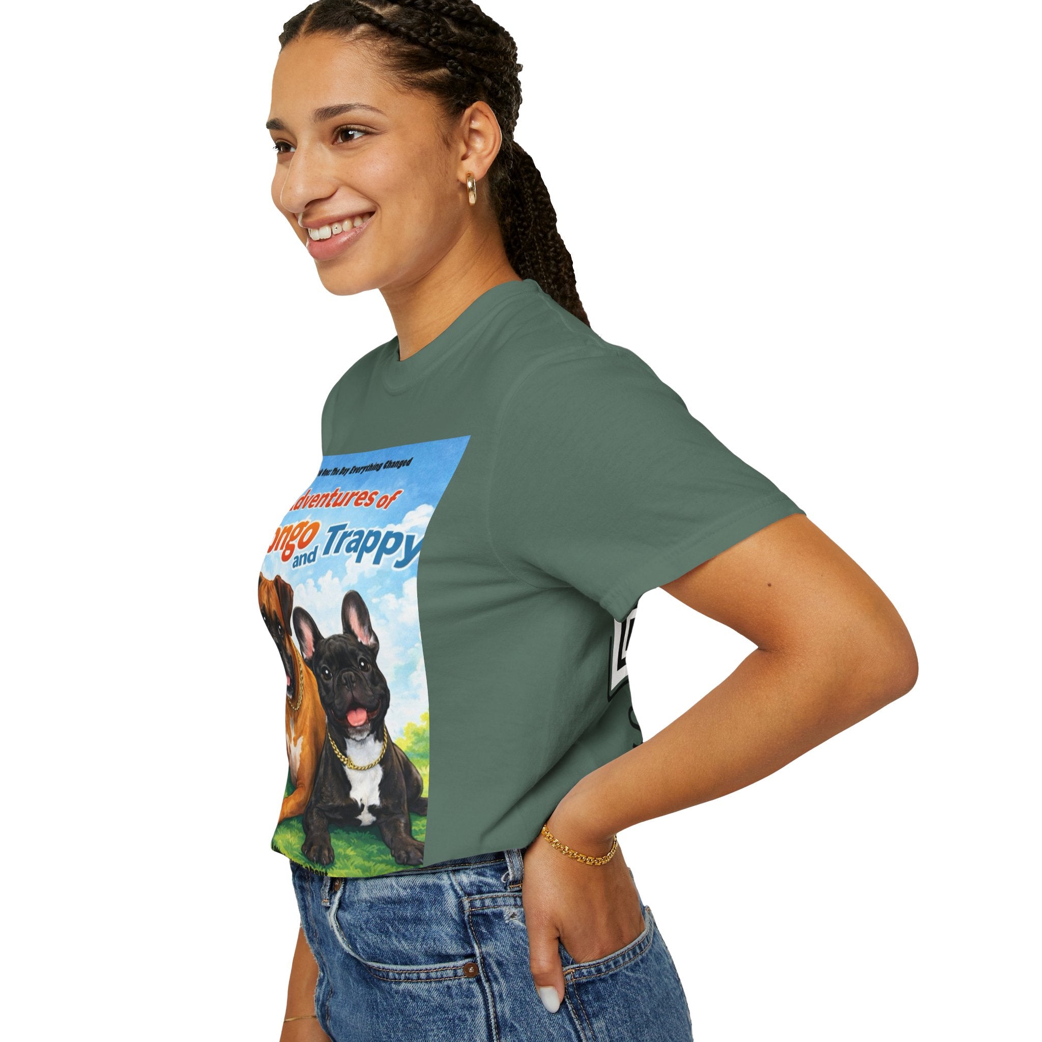 Adventures of Mongo & Trappy T-Shirt — Illustrated Dog Book Cover Tee with QR Code