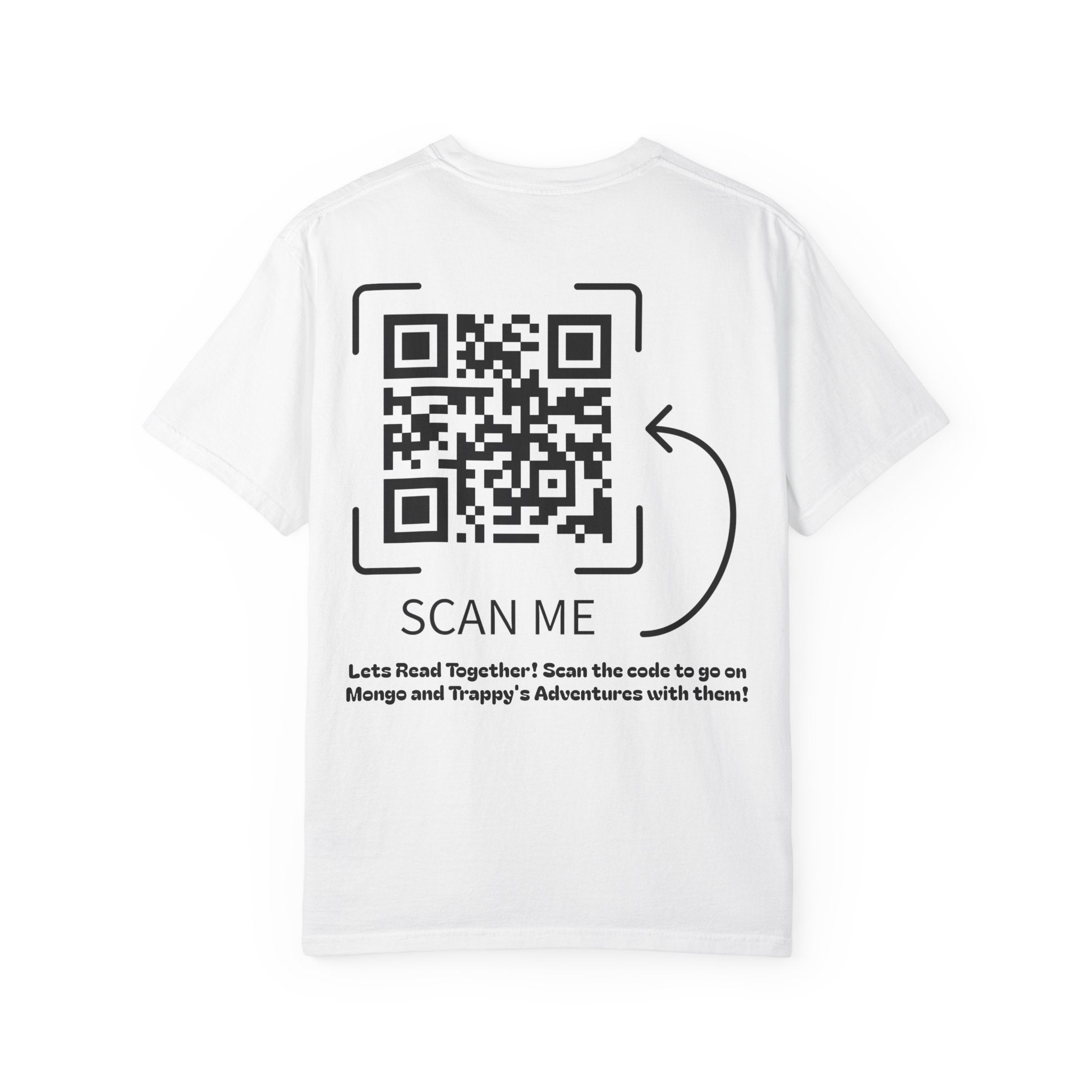 Adventures of Mongo & Trappy T-Shirt — Illustrated Dog Book Cover Tee with QR Code