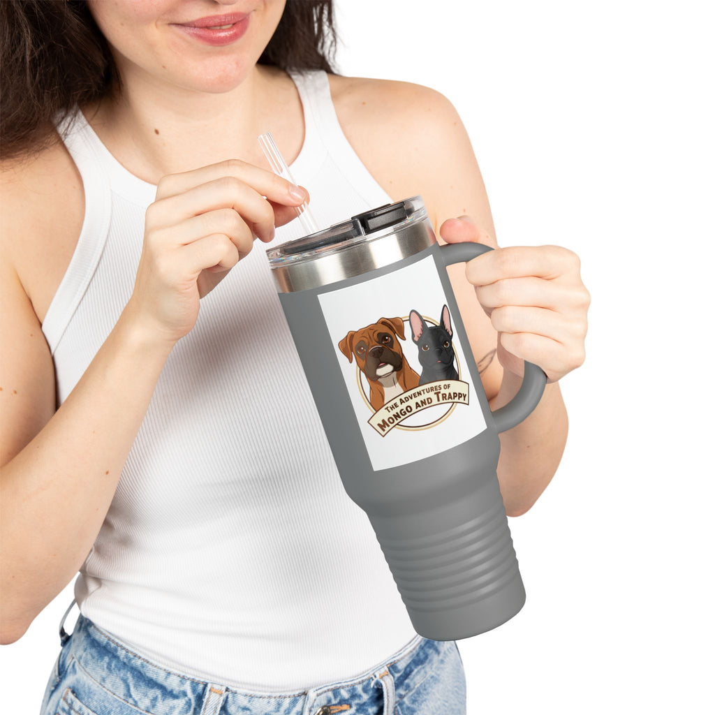 40oz Insulated Travel Mug — "My Adventures with Mongo and Trapper" Dog Portrait Tumbler