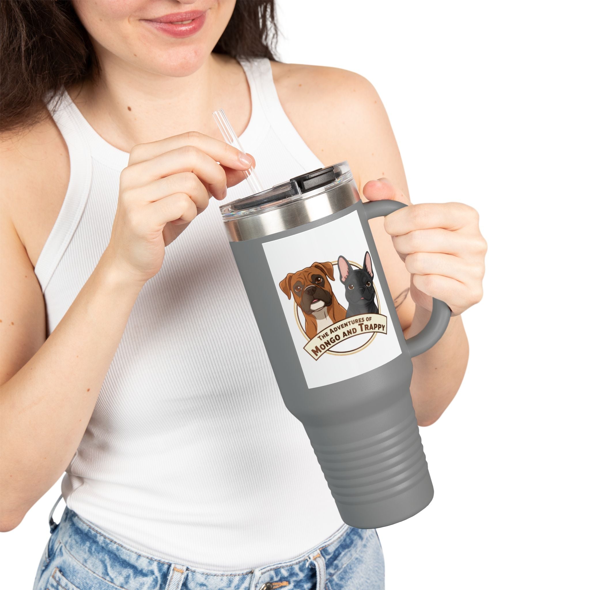 40oz Insulated Travel Mug — "My Adventures with Mongo and Trapper" Dog Portrait Tumbler