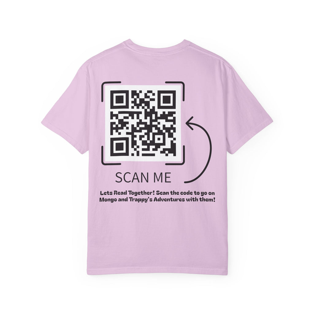 Adventures of Mongo & Trappy T-Shirt — Illustrated Dog Book Cover Tee with QR Code
