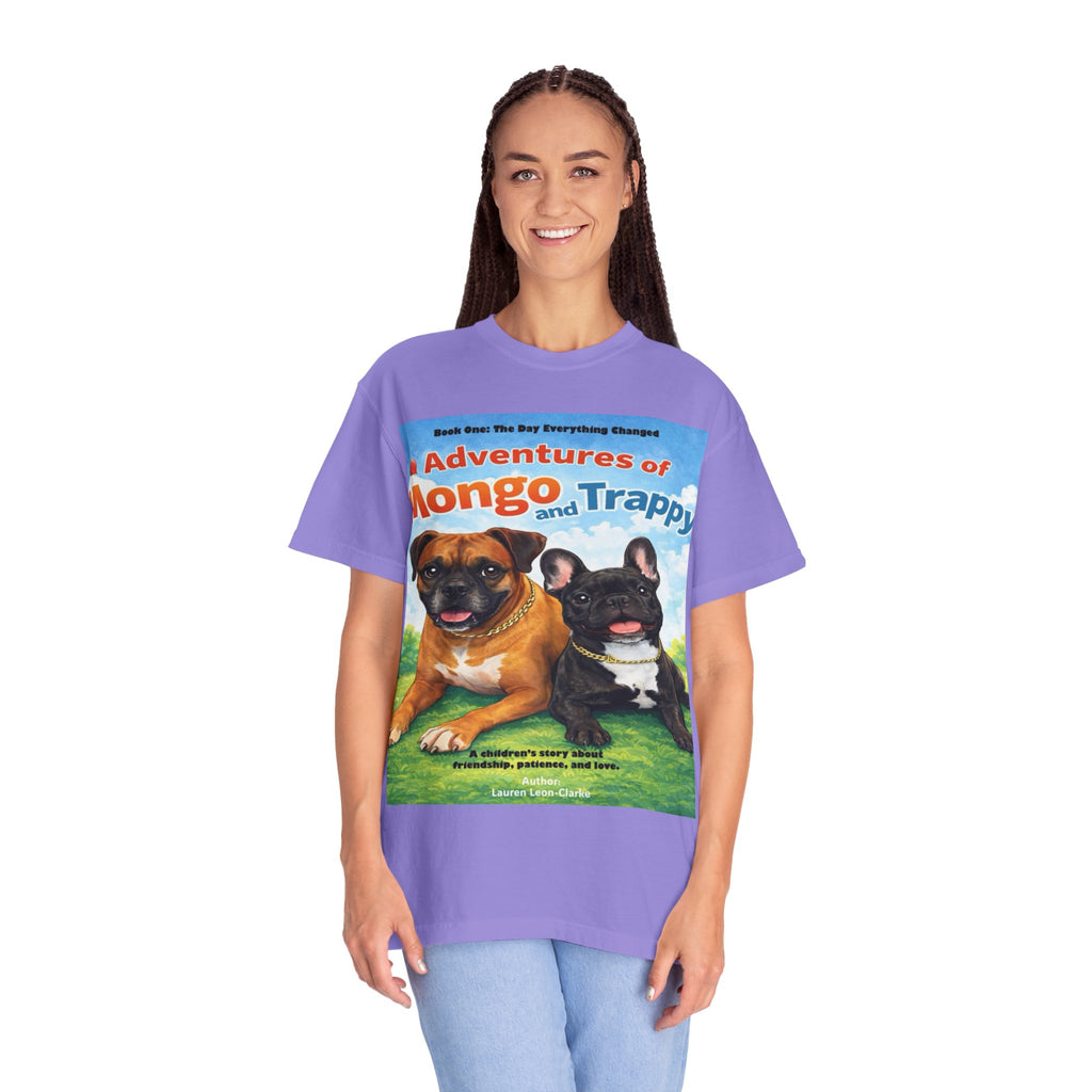 Adventures of Mongo & Trappy T-Shirt — Illustrated Dog Book Cover Tee with QR Code