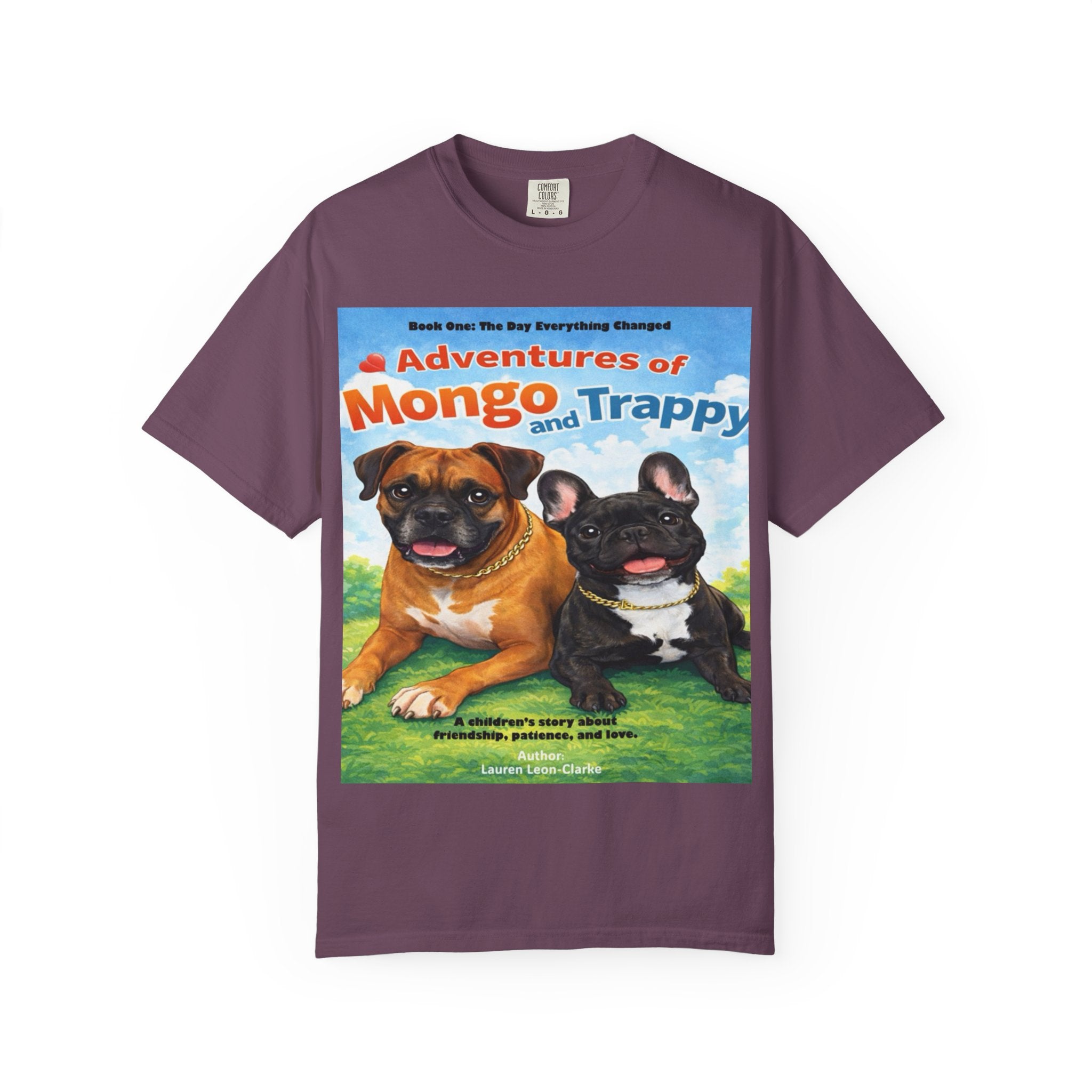 Adventures of Mongo & Trappy T-Shirt — Illustrated Dog Book Cover Tee with QR Code