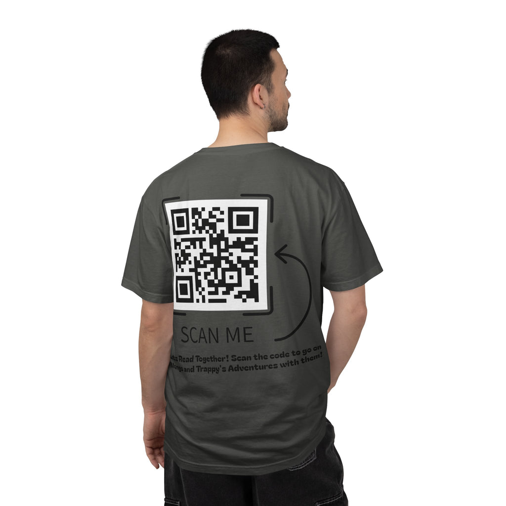 Adventures of Mongo & Trappy T-Shirt — Illustrated Dog Book Cover Tee with QR Code