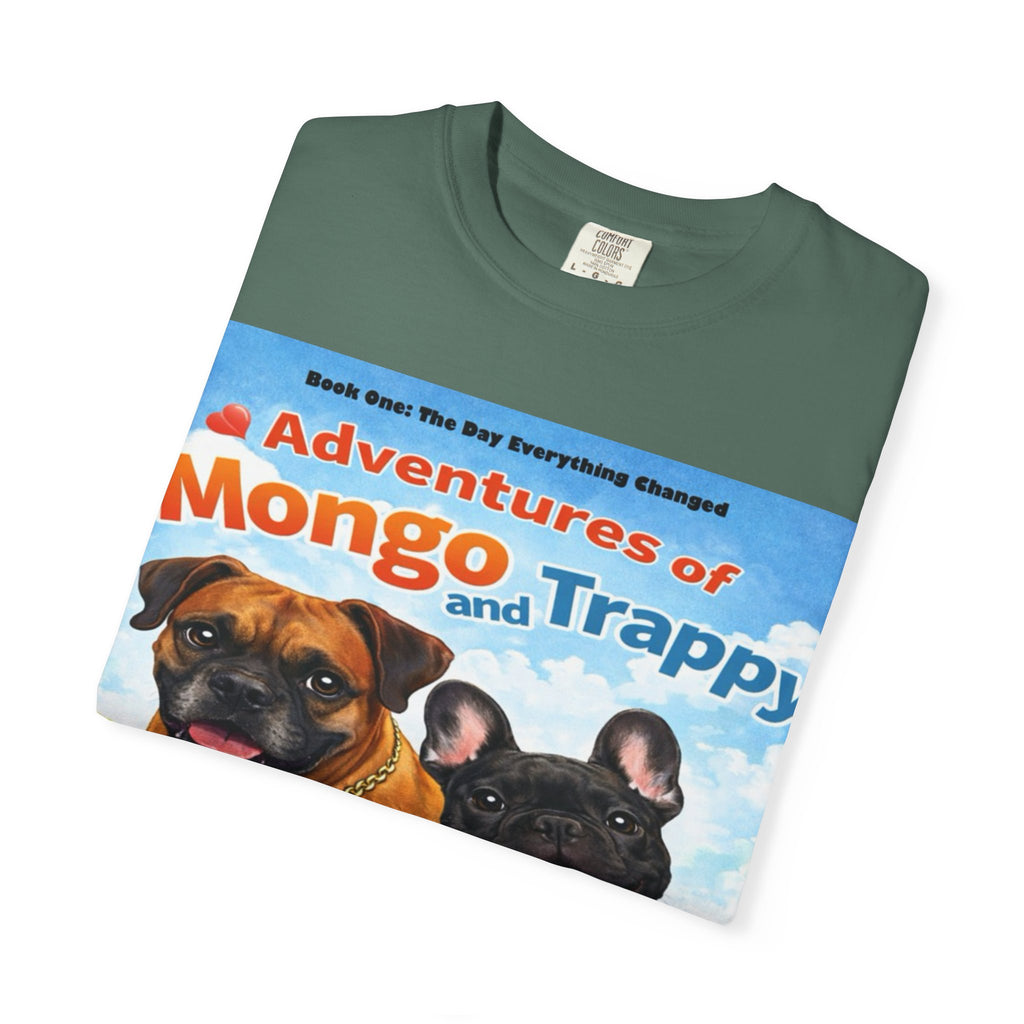 Adventures of Mongo & Trappy T-Shirt — Illustrated Dog Book Cover Tee with QR Code