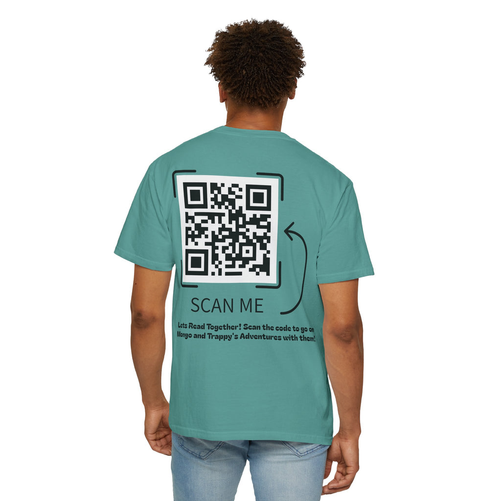 Adventures of Mongo & Trappy T-Shirt — Illustrated Dog Book Cover Tee with QR Code