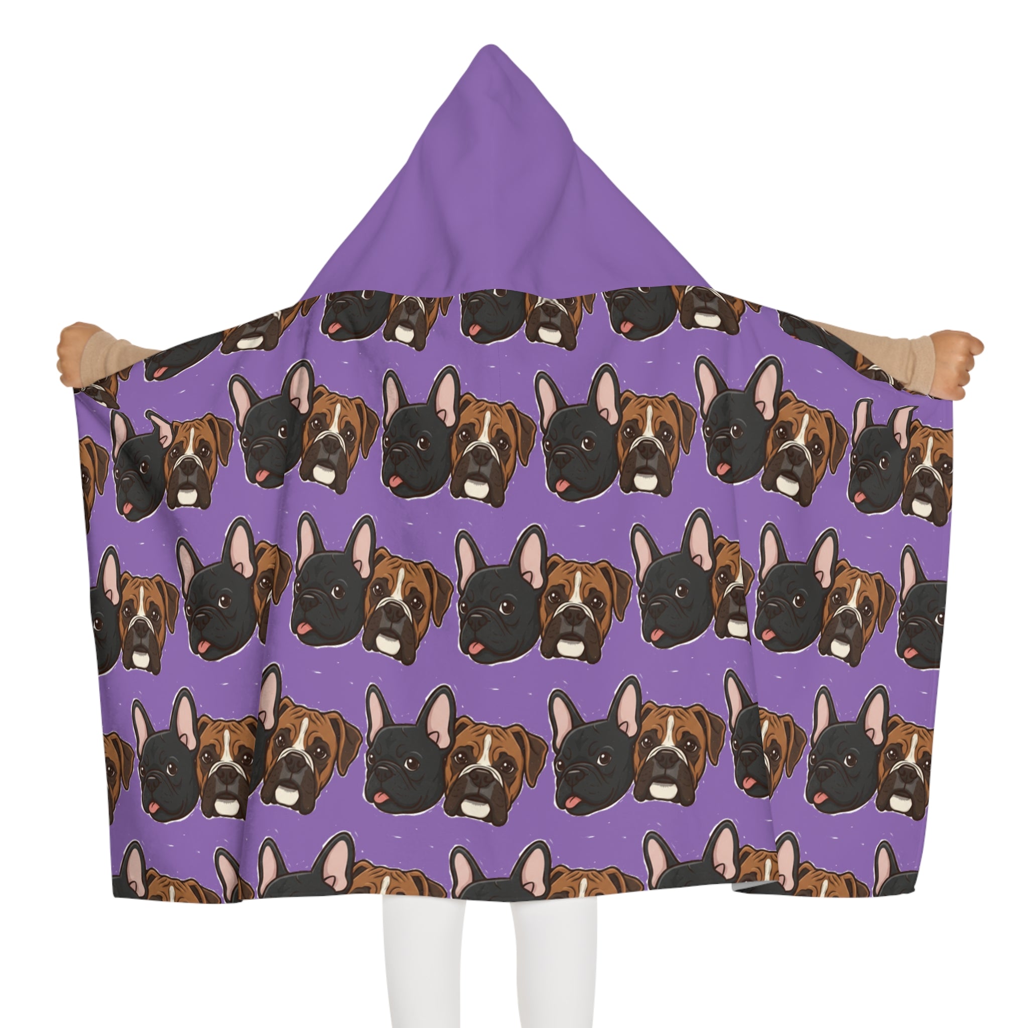 Kids Hooded Beach Towel — Cute French Bulldog Pattern on Purple