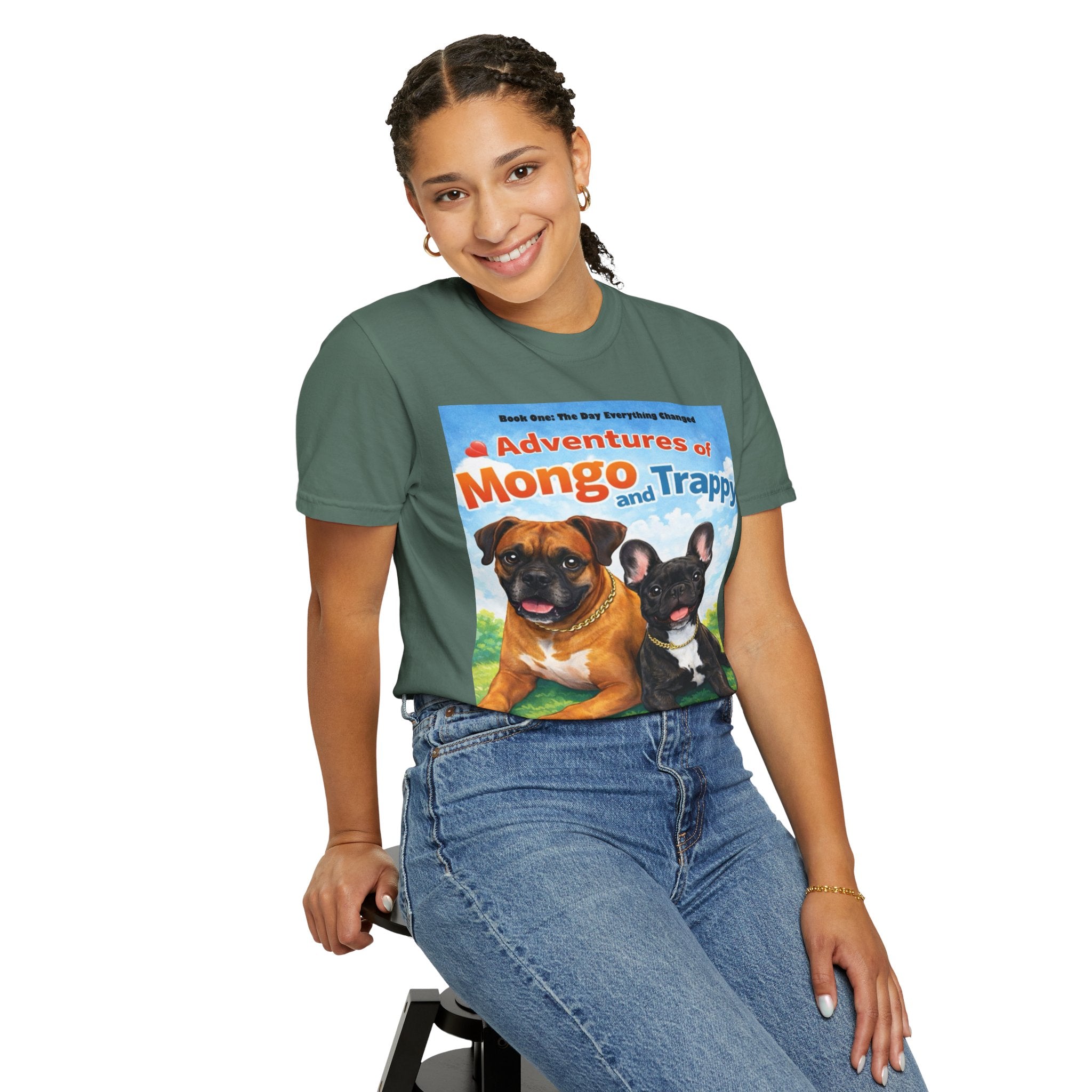 Adventures of Mongo & Trappy T-Shirt — Illustrated Dog Book Cover Tee with QR Code