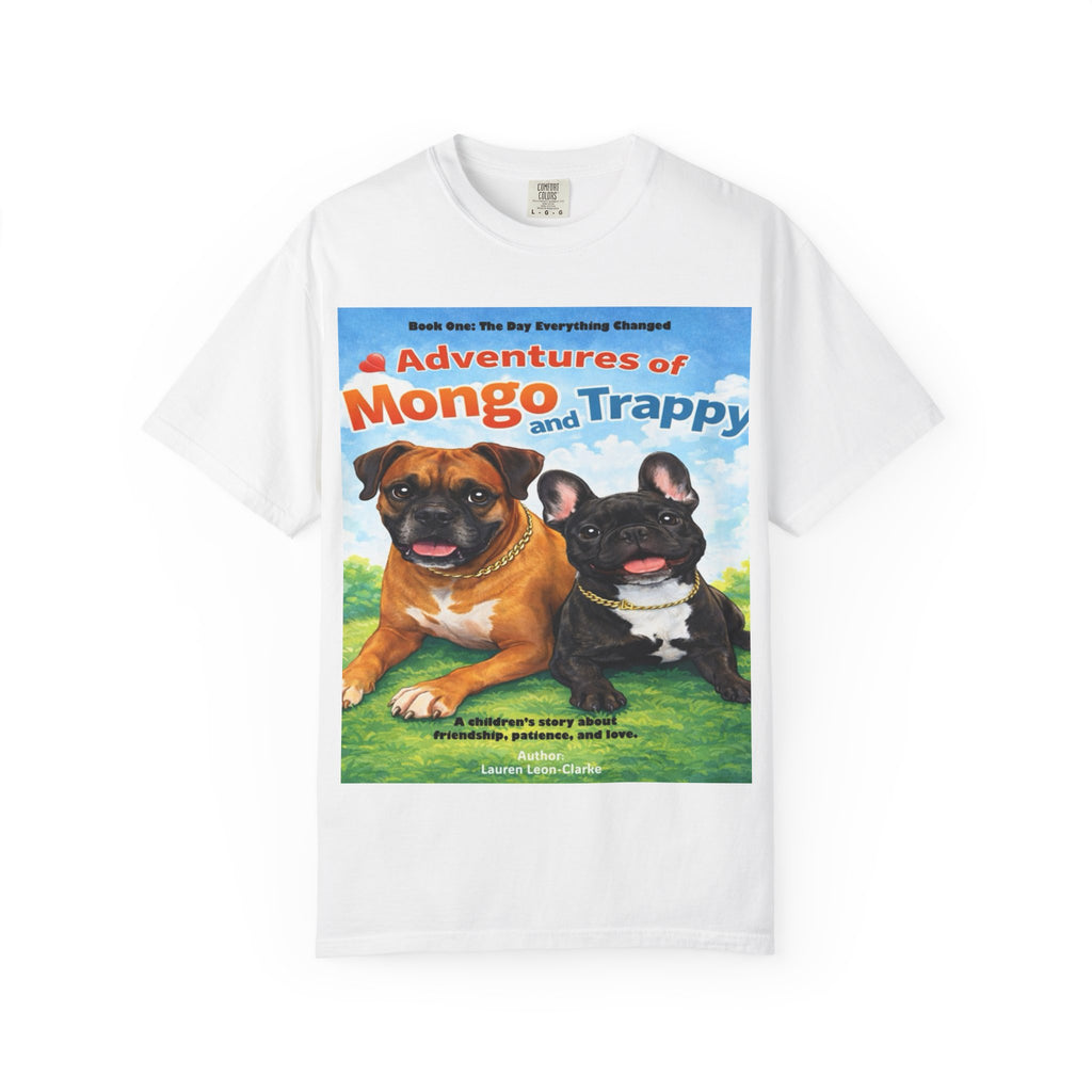 Adventures of Mongo & Trappy T-Shirt — Illustrated Dog Book Cover Tee with QR Code