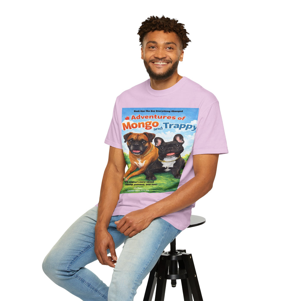 Adventures of Mongo & Trappy T-Shirt — Illustrated Dog Book Cover Tee with QR Code
