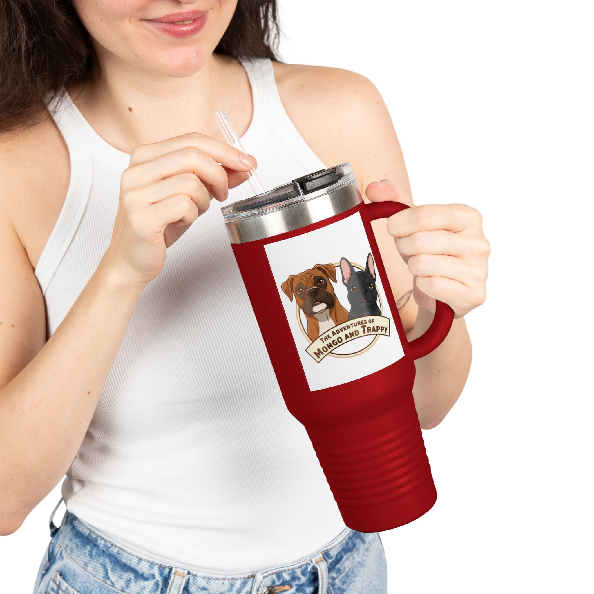 40oz Insulated Travel Mug — "My Adventures with Mongo and Trapper" Dog Portrait Tumbler