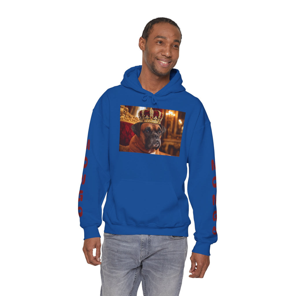 King Mungo Hoodie – Royal Dog Photo Pullover with 'Mungo' Sleeve Text