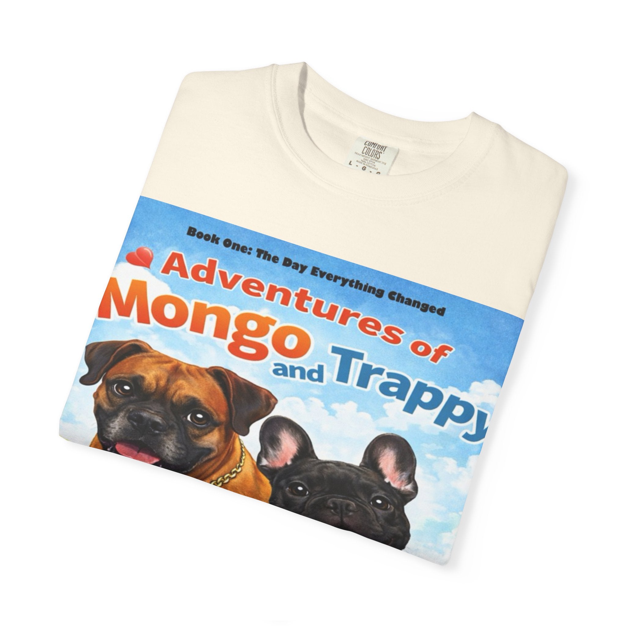 Adventures of Mongo & Trappy T-Shirt — Illustrated Dog Book Cover Tee with QR Code