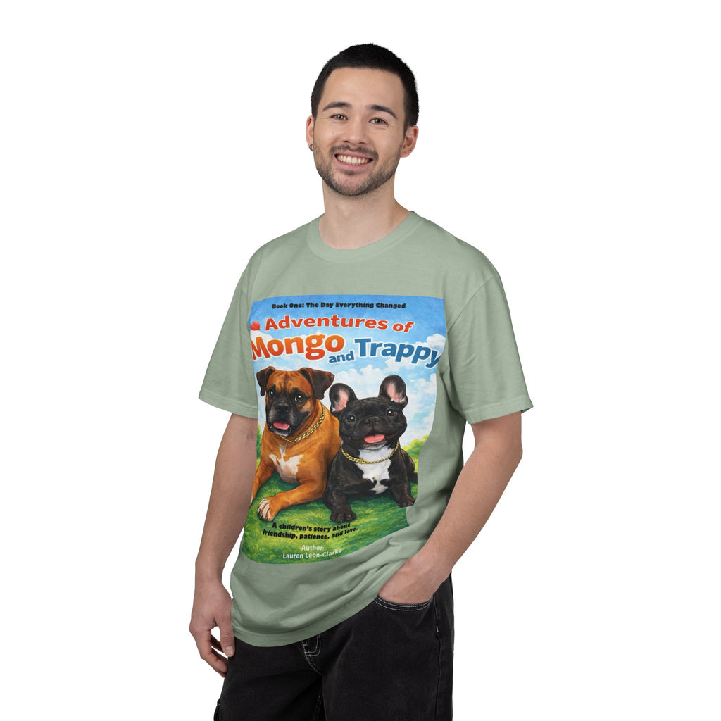 Adventures of Mongo & Trappy T-Shirt — Illustrated Dog Book Cover Tee with QR Code