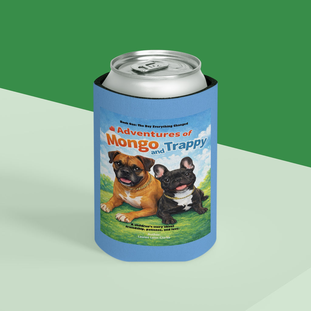 Can Cooler — 'Adventures of Mongo and Trappy' Book Cover Design with QR Code