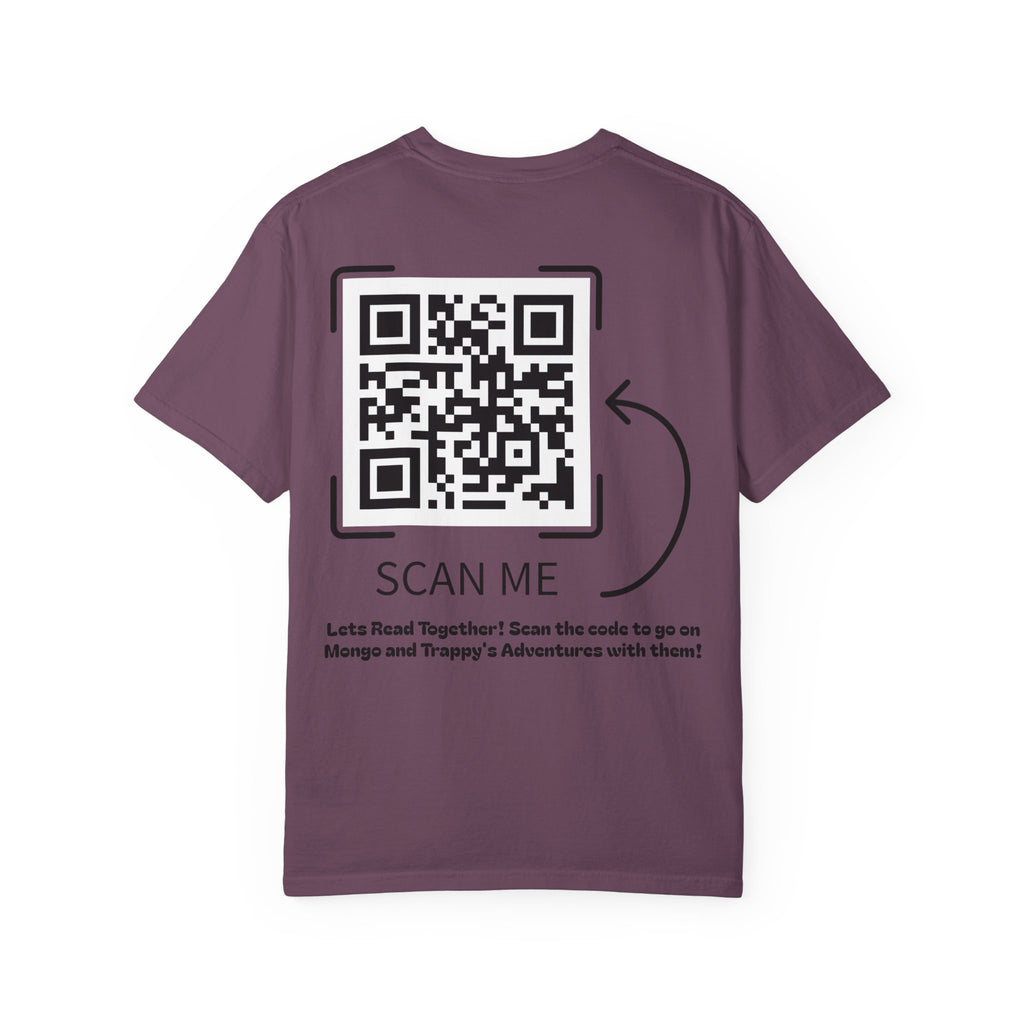 Adventures of Mongo & Trappy T-Shirt — Illustrated Dog Book Cover Tee with QR Code