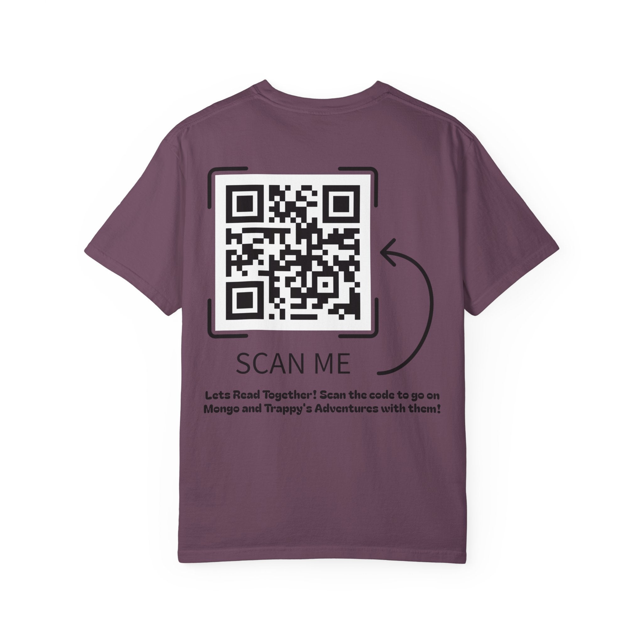 Adventures of Mongo & Trappy T-Shirt — Illustrated Dog Book Cover Tee with QR Code