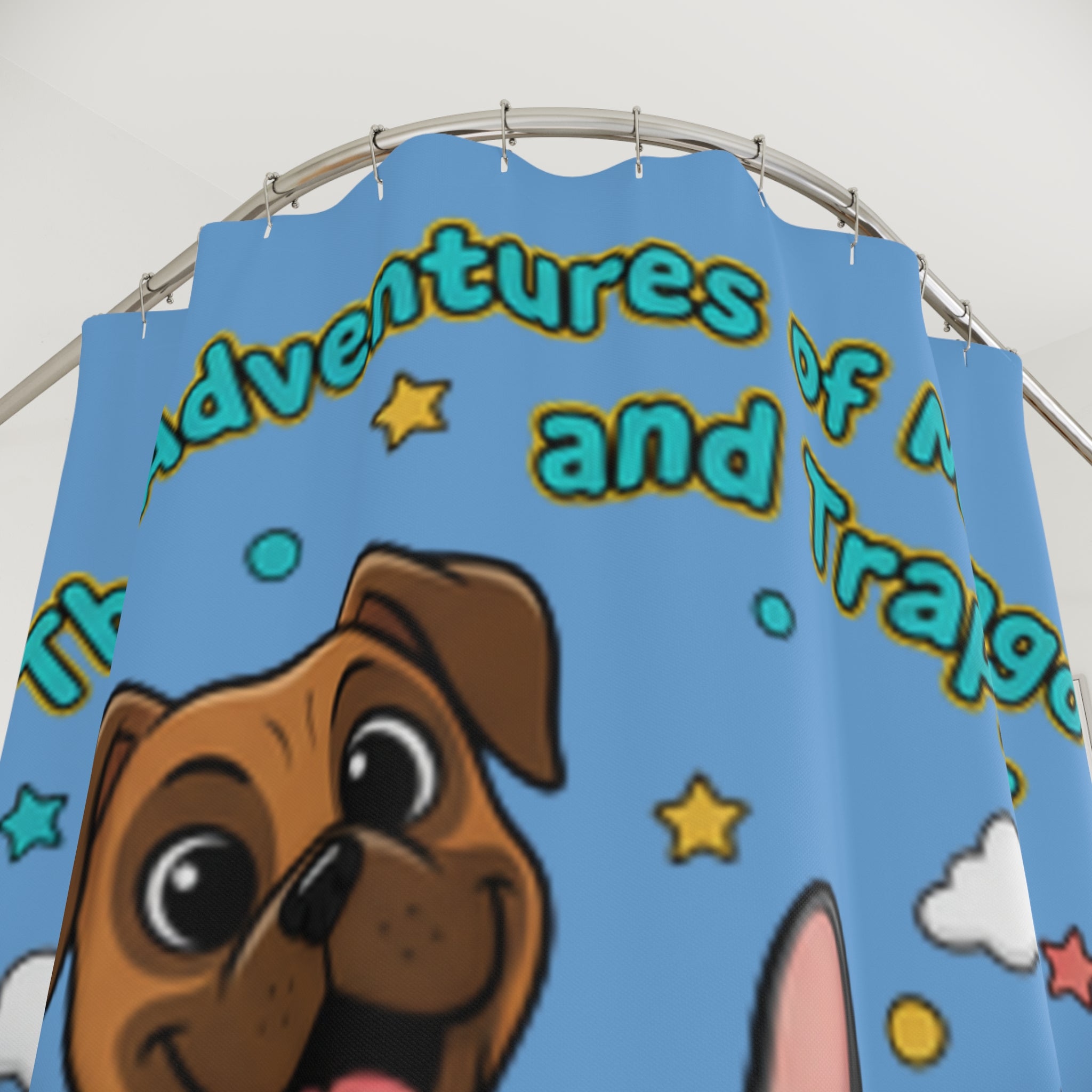 The Adventures of Mongo and Trappy Shower Curtain — Cute Cartoon Dog Bathroom Decor
