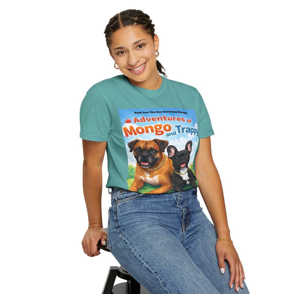 Adventures of Mongo & Trappy T-Shirt — Illustrated Dog Book Cover Tee with QR Code
