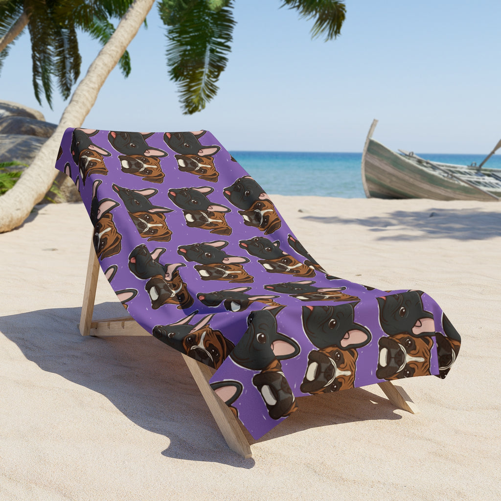 French Bulldog Pattern Beach Towel — Purple Dog Face Summer Towel