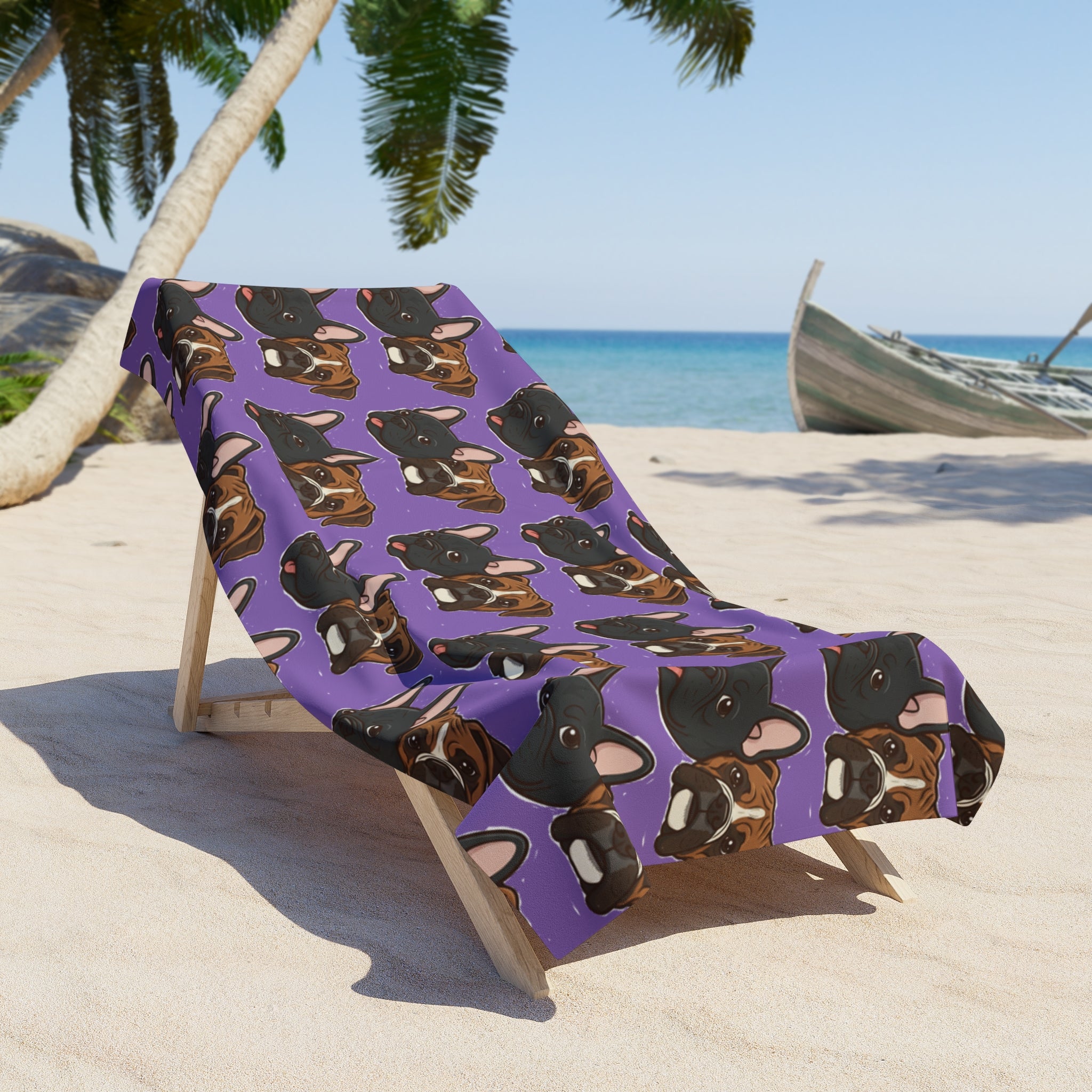 French Bulldog Pattern Beach Towel — Purple Dog Face Summer Towel