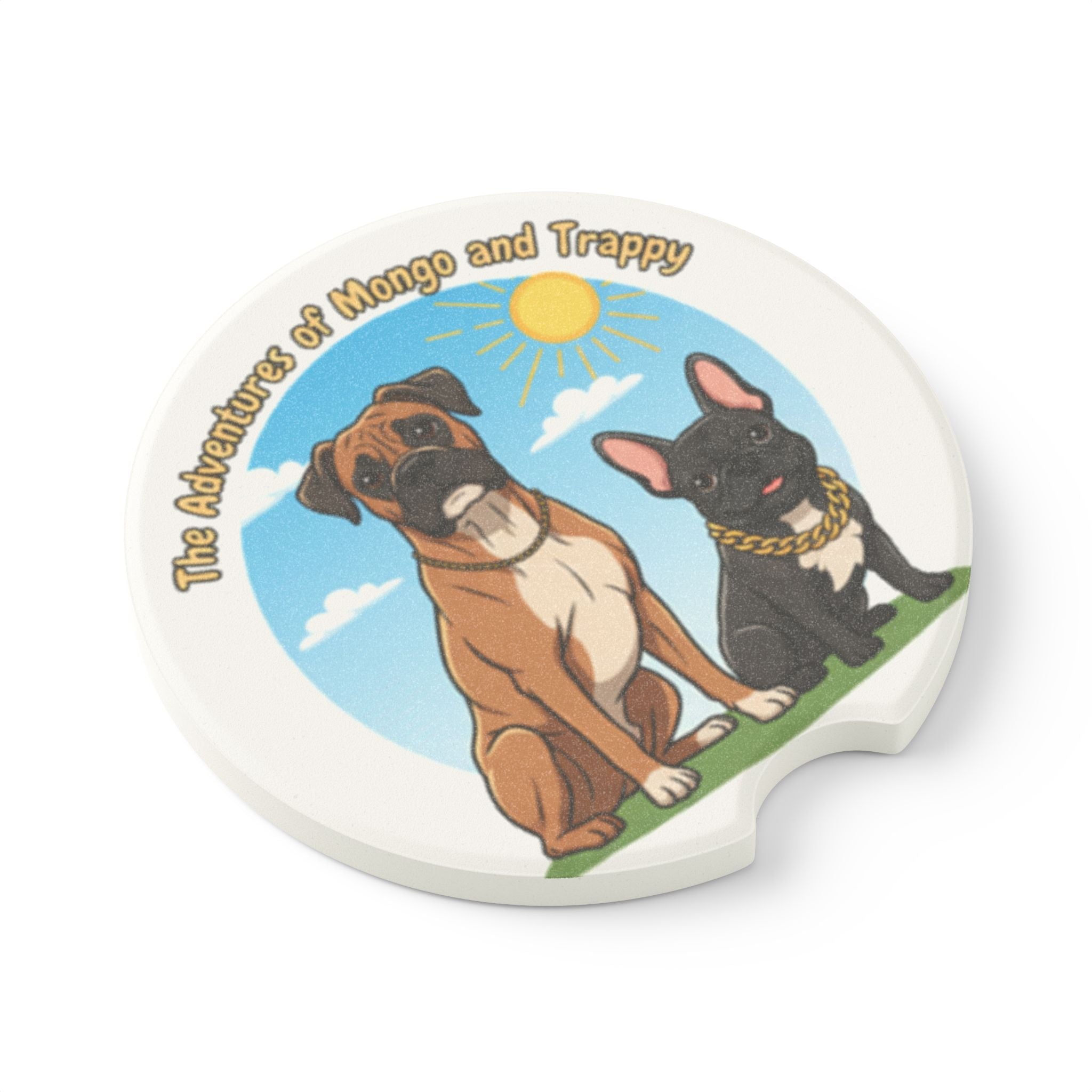 Soapstone Car Coaster — Personalized "The Adventures of Mongo and Trappy" Dog Paw Car Cup Holder Insert