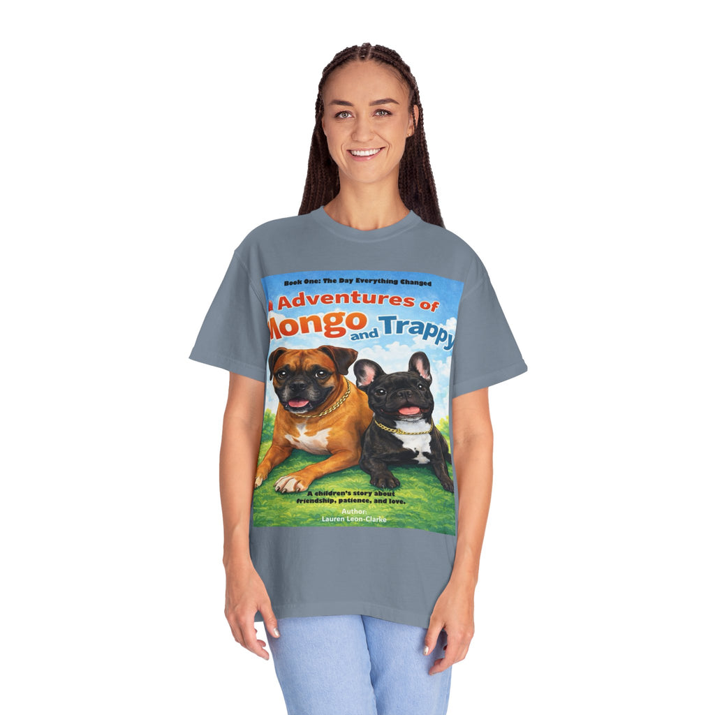 Adventures of Mongo & Trappy T-Shirt — Illustrated Dog Book Cover Tee with QR Code