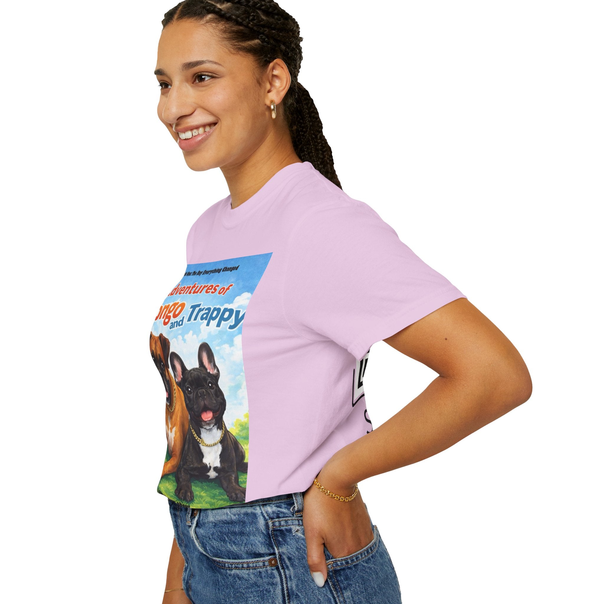 Adventures of Mongo & Trappy T-Shirt — Illustrated Dog Book Cover Tee with QR Code