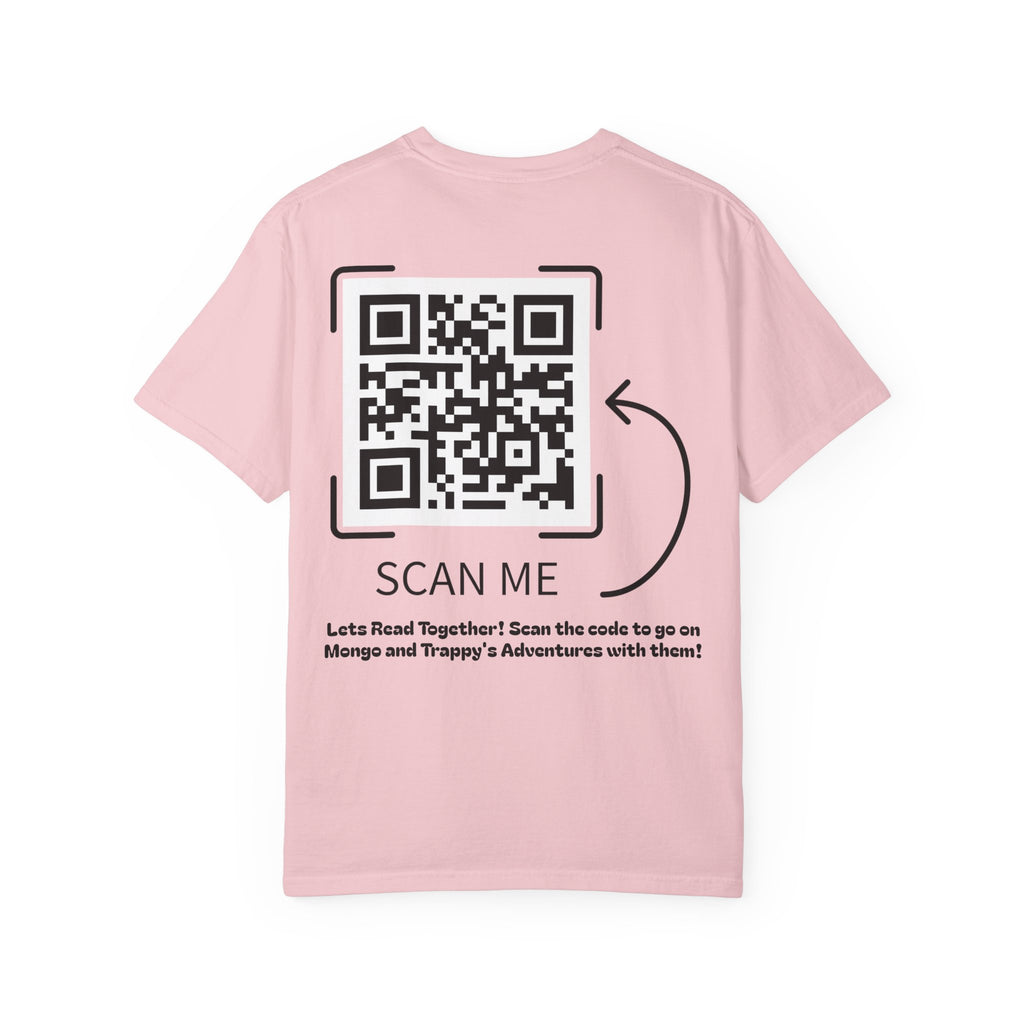 Adventures of Mongo & Trappy T-Shirt — Illustrated Dog Book Cover Tee with QR Code